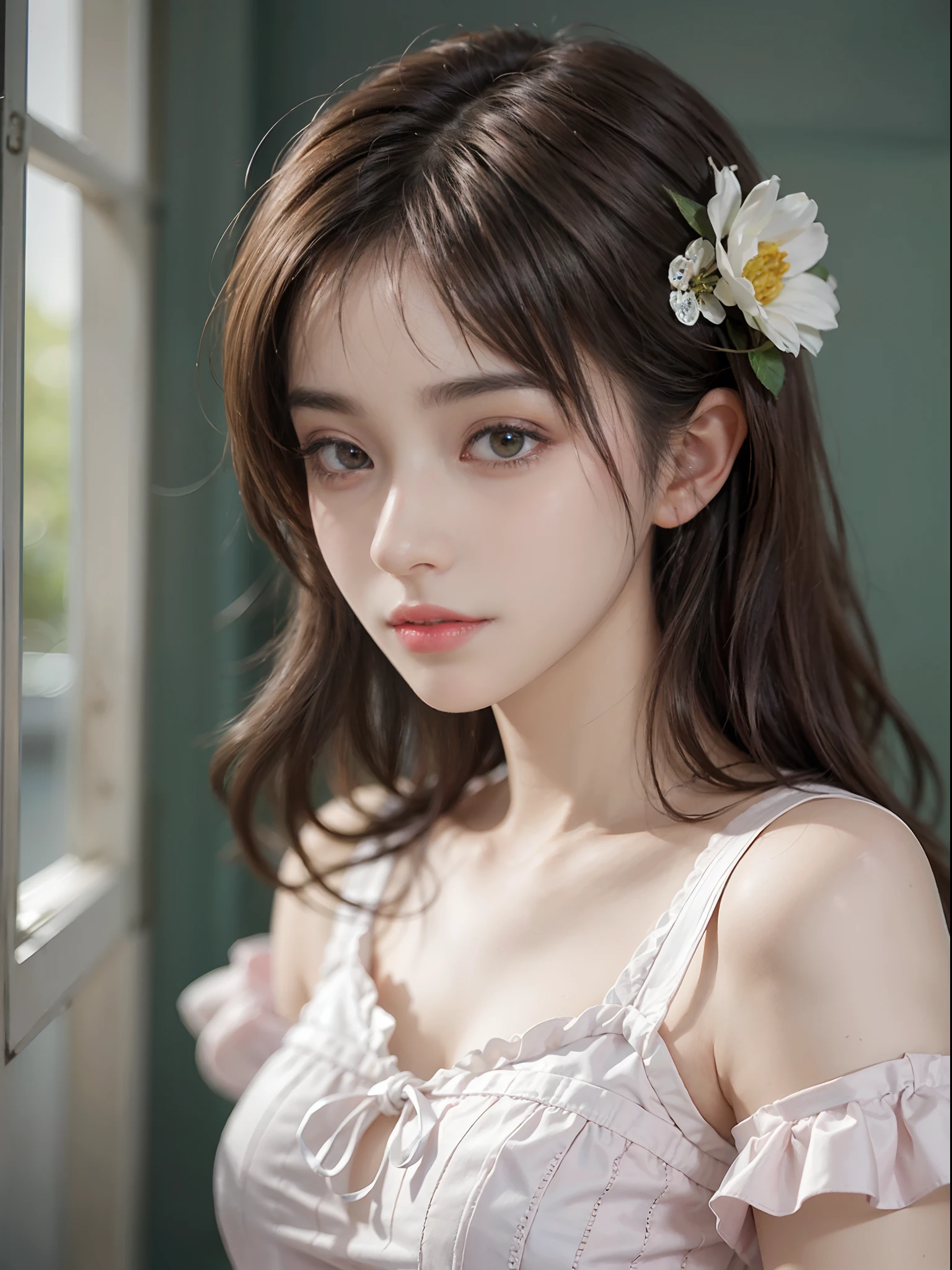 wears、(photoRealstic:1.4)、(hyper realisitc:1.4)、(reallistic:1.3)、(Smooth lighting:1.05)、(Improved cinematic lighting quality:0.9)、32K、1girl in、Japan women、Realistic lighting、back Lighting、Facial Lights、Ray tracing、The upper part of the body、(brightened light:1.2)、(Quality improvement:1.4)、(Realistic textured skin of the highest quality:1.4)、Fine Detailed Eyes、A detailed face、Fine quality eye、Brown eyes、(Moist pale pink lips moist and reflecting light)、(Tired, Sleepy and Satisfied: 0.0)、Mint green floral silk blouse、Ruffles and lace、ribbon ties with thin strings、Dark brown hair、She wears shorts, Manicured bangs on the forehead.、shairband、one adult woman with a faint smile、(white backgrounid)