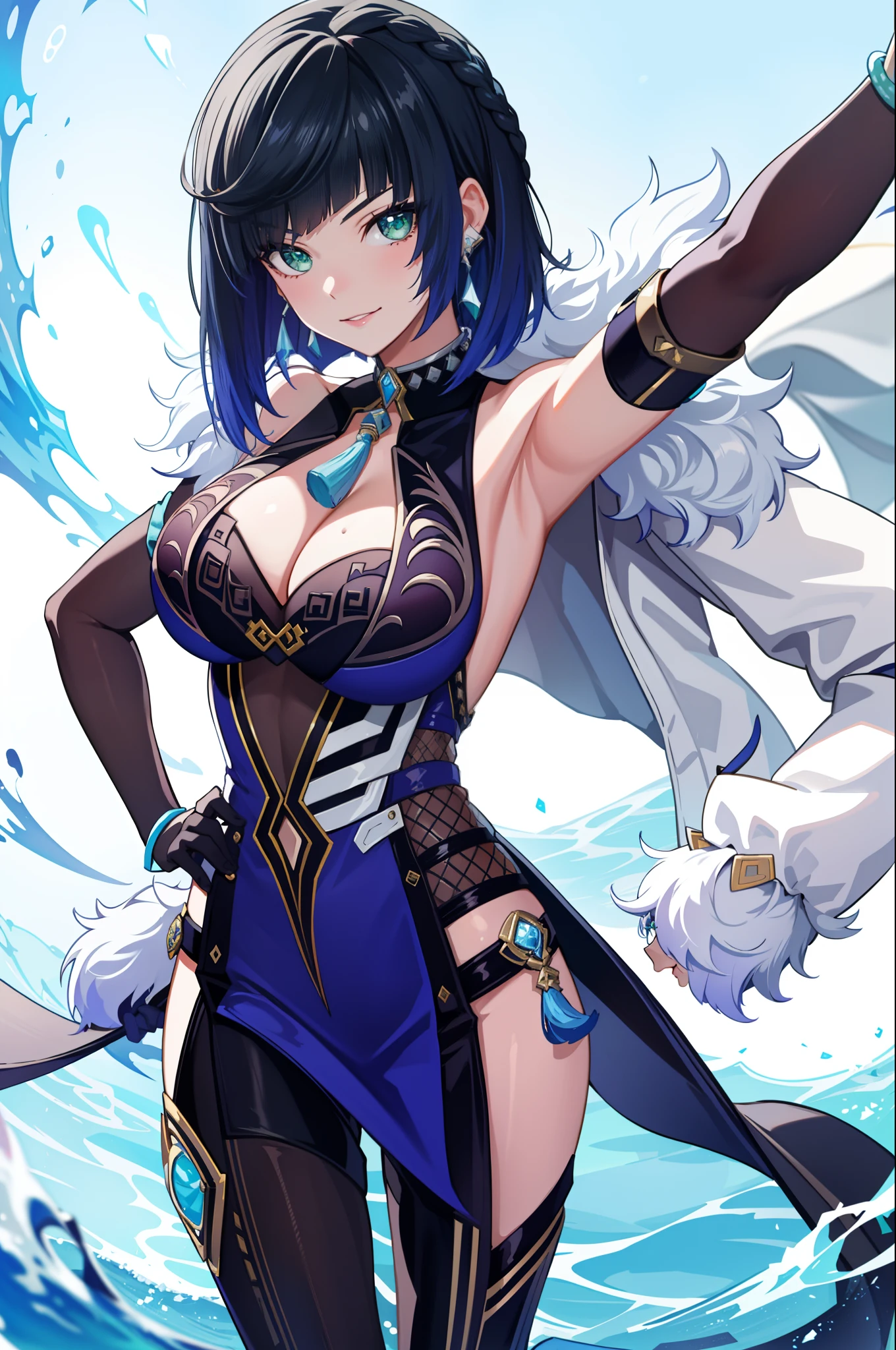 masterpiece, best quality, YelanV4, 1girl, solo, looking at viewer, blush, smile, large breasts, gloves, dress, cleavage, jewelry, green eyes, jacket, earrings, armpits, fur trim, blue dress, white jacket, tassel, arms behind back, pelvic curtain, mole on breast, jacket on shoulders, vision (genshin impact), purple lips, dice