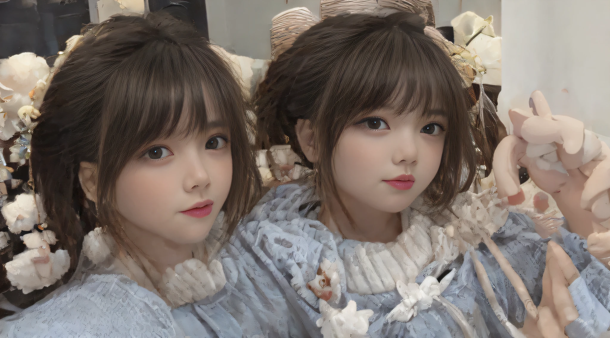 Two young girls posing for a photo in front of a mirror, twins, yoshitomo nara and aya takano, Kawaii realistic portrait, ****, Guviz, Beautiful Gemini twins, with a twin, sakimichan, ulzzangs, with cute - fine - face, beautiful gemini twins portrait, double tails, yanjun cheng