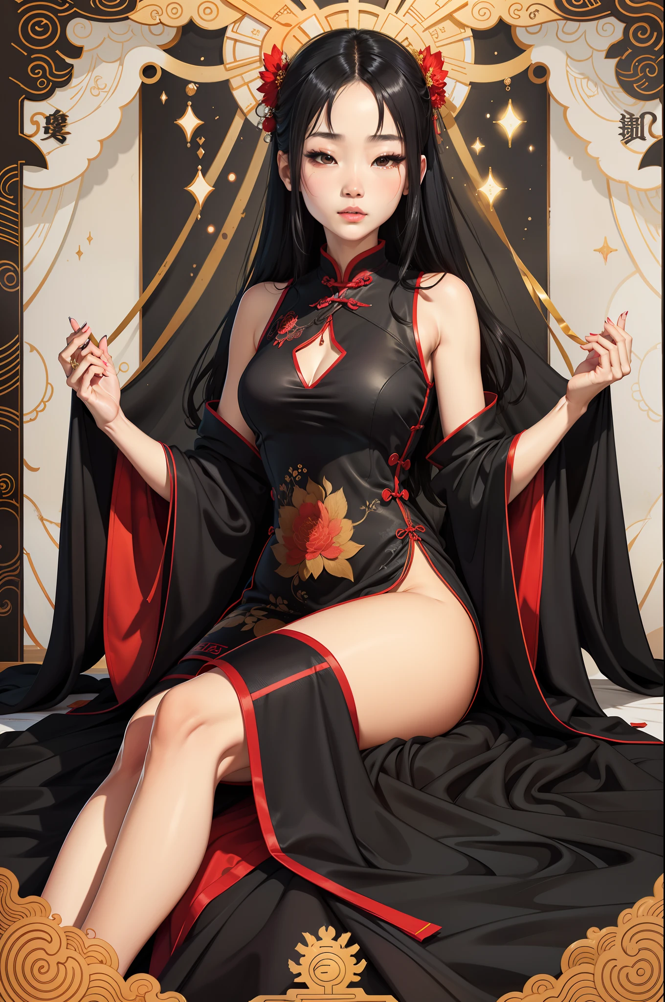 best qualtiy, 超高分辨率, 1woman, The cheongsam is high slit and conjoined black silk female lying on her stomach with her hands propped up and wearing cool clothes