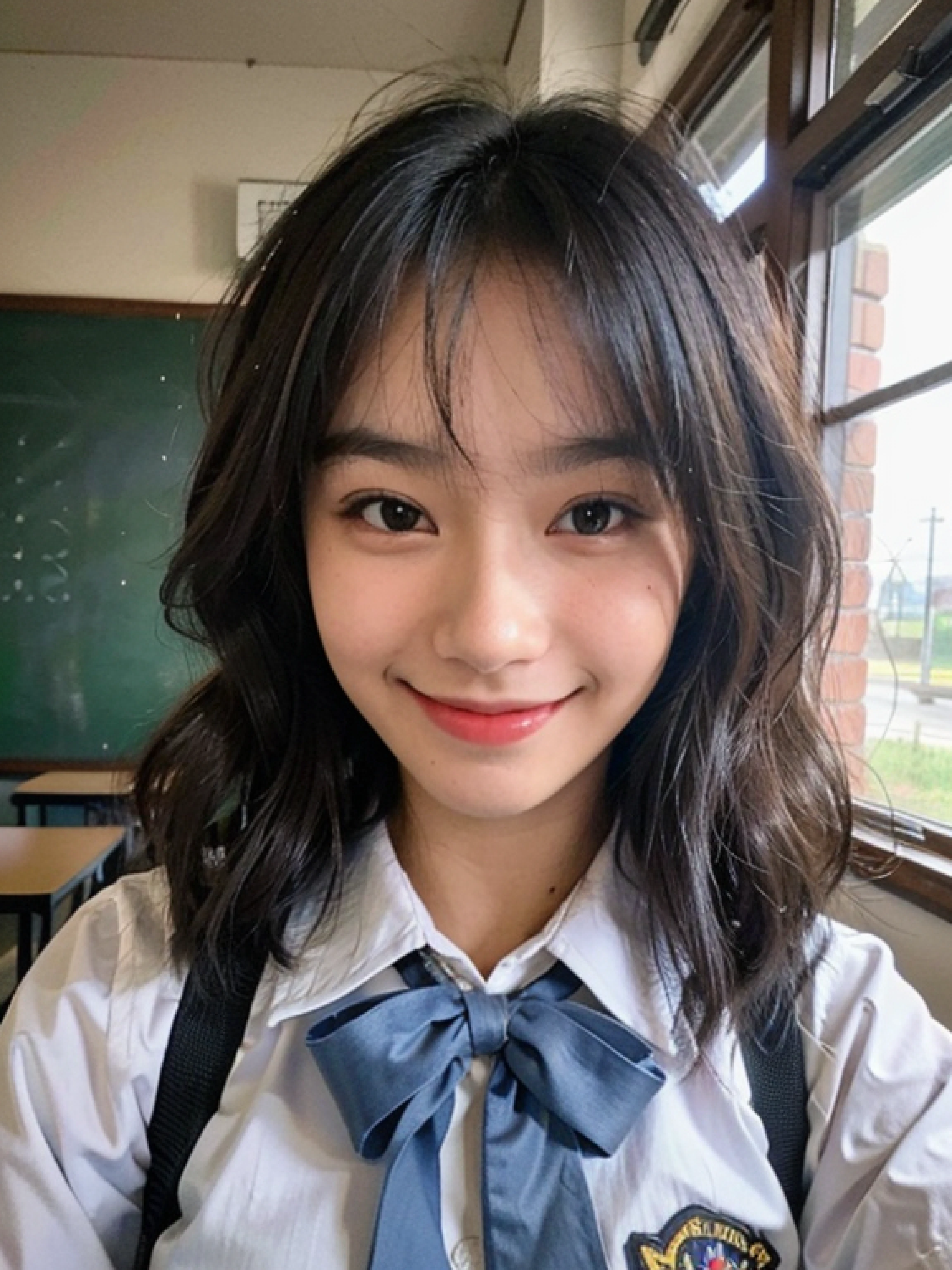 (RAW photo:1.2), ((photorealistic:1.4),(masterpiece:1.3),(best quality:1.4),ultra high res,(detailed facial features),(detailed clothes features),HDR,8k resolution, 1girl,  girl, in the classroom, blush, smile