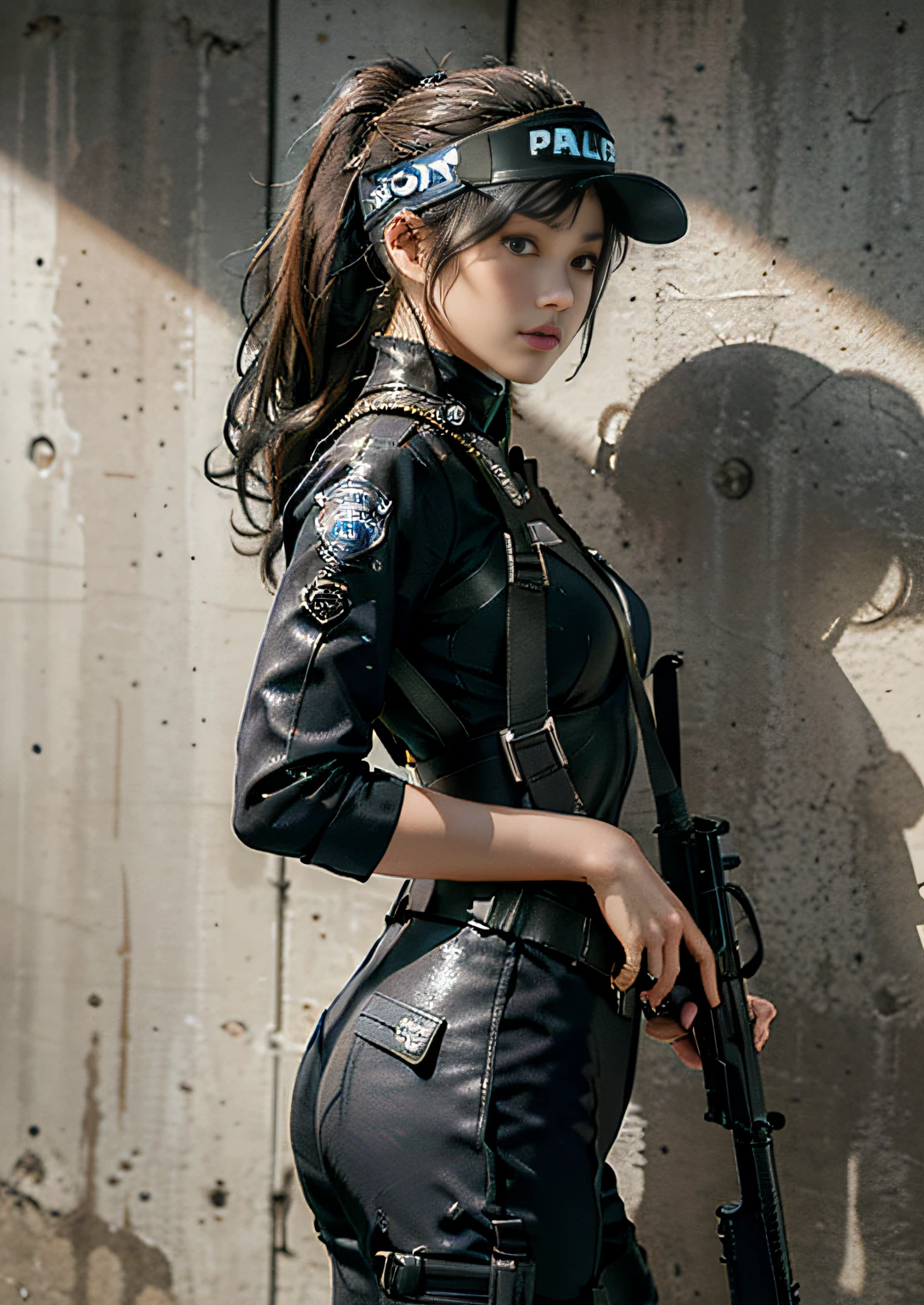 Highest image quality, outstanding details, ultra-high resolution, (realism: 1.4), (cowboy shot, from side view, looking at another), the best illustration, favor details, highly condensed 1girl, with a delicate and beautiful face, vigilance, ((holding a gun at the ready)), ponytail, captain, (wearing racing suit likes police uniform, black and gray mecha, wearing a visor, military harness, grenades, holding a machinegun or bring a machinegun, "SST"), background simple grey wall,