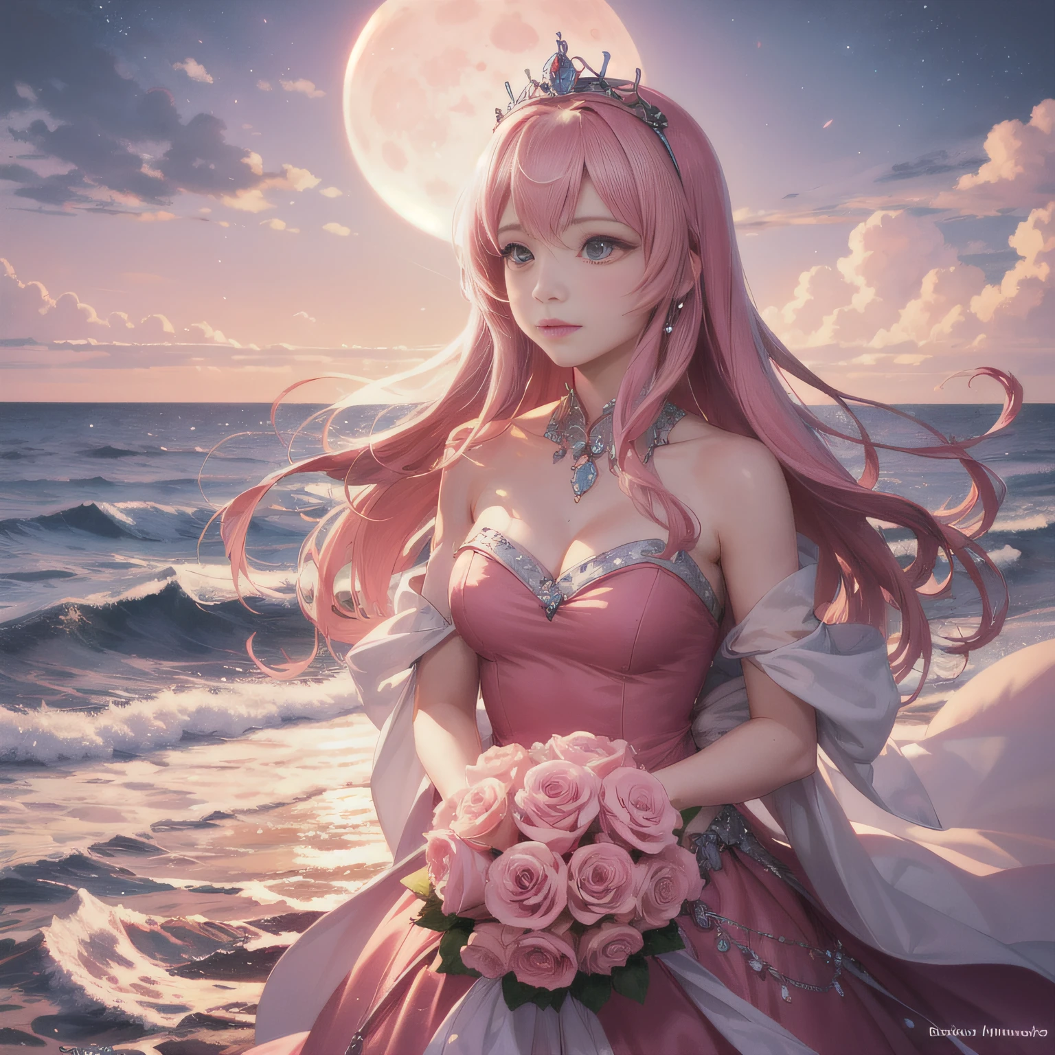 In the sky is the pink moon，pink skies，Soft pink clouds，In the distance, pink waves sparkle，Pink roses spread over a sea of pink，Full of fantasy，diamond，tiara crown，kosmos，gentlesoftlighting，ultra-realistic realism