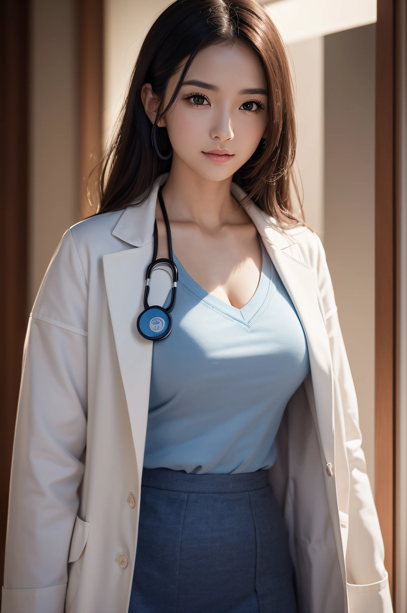 Photorealistic beautiful doctor、stunningly beautiful、doctors white coat, Doctor Fashion、(top-quality、8K、32K、​masterpiece、nffsw:1.3)、超A high resolution,(Photorealsitic:1.4),Raw photography, Detailed face,,Beautiful hair, ((Doctor Style)), , tight skirts、 Natural makeup, Breast cleavage, large full breasts、inside hospital, Detailed background, Perfect Lighting, depth of fields, Beautiful shadow gradient,stethoscope ,