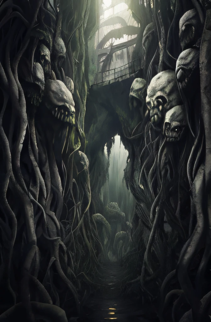 Horror, spooky, frightening, secret terror, tentacles, vines, eyes, uncanny valley effect teeth, limbs, animals, plants, buildings