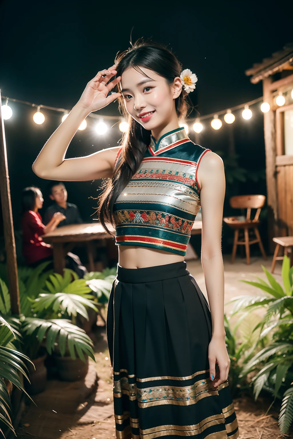 (8K分辨率,Vista full body photo),(1womanl,20yr old,(Facial features of Thai Aom:1.8,s delicate face),Lovely face,详细的脸,Long black hair,Coiled(Messy has layers),Redlip,Fair smooth skin,(Traditional Hmong women's clothing:1.4,(pleatedskirt,There is a waistband(Huge amount of silver jewelry、Miao embroidery、batik),breastsout、The back is trimmed with floral cloth,The cuffs are multi-colored horizontal bars,Cardigans,Silver jewelry on the head。Wear short waist-length,Under the pleated skirt),Tall and tall,The action of conversation,perfect hand,Ultra-fine clothing material),(Traditional Xijiang Miao village,Festive party night background in cottage house,Exquisite environmental details),(exhilarated,confident smile,Rejoice),(profesional lighting,动态照明),((The colors are more balanced,(white colors,Silvertone,blue colors,red colour))),(Golden section,Cinema lenses,Hasselblad photograp,tmasterpiece:1.3),(Miaozhai idol,Focus in the field,trendsetting,Folklore artist,Art platform)