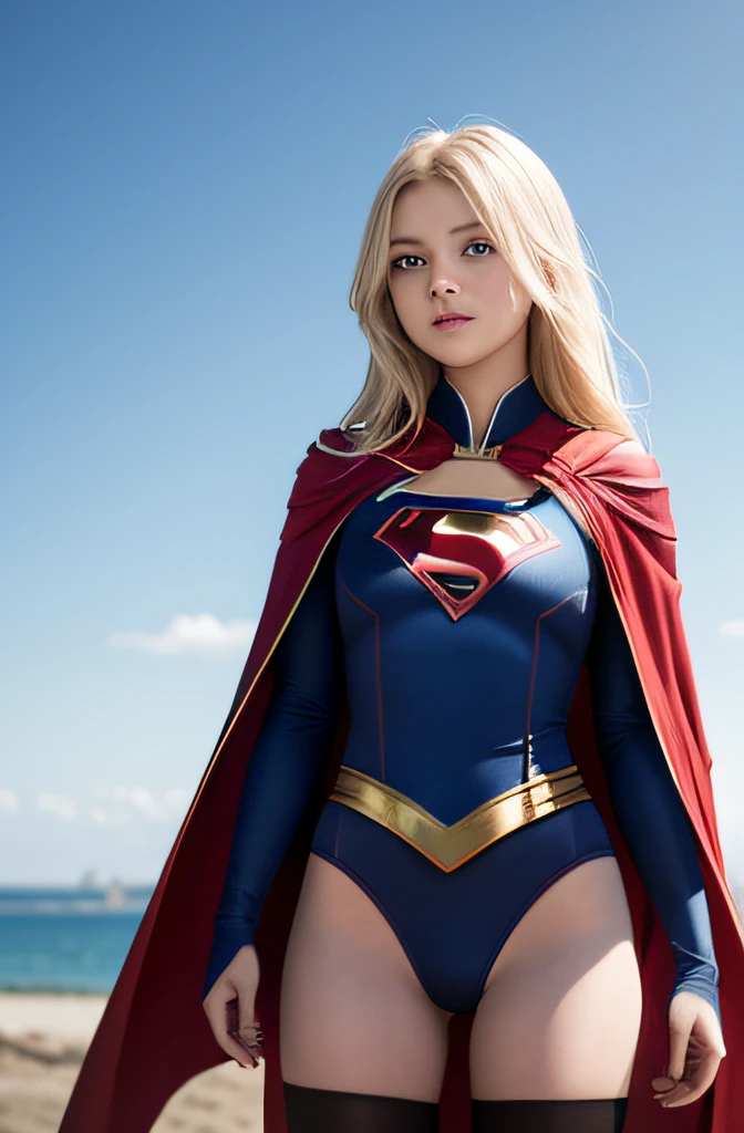 8K，Best quality at best，Real picture，Complicated details，A capital X on the chest，ultra - detailed，超高分辨率，Depth field，（真实感，Fidelity：1.2），tmasterpiece，European girl，Photo of Supergirl，（Bruises，grimy，torn laundry，Clothing that exposes，bloods:1.3), eBlue eyes, blond hairbl, long whitr hair, Tear the cloak, Tear pantyhose, super heroes, 独奏, suns, blue-sky, best qualtiy, realisticlying, realisticlying, (complexdetails:1.2), (exquisitedetails), (cinematric light), 清晰的线条, Clear focus, photorealiscic face, A detailed face, Unified 8K wallpapers, 超高分辨率, (真实感:1.4), looking at viewert