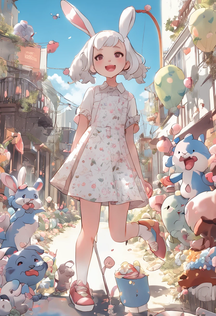 White Gradient Background, (Panorama: 1.2, Full Body: 1.2), 1 girl, Anatomically correct, Rabbit shaped headwear, short hair, smile, Rabbit patterned clothes, white shoes, perfect proportions, extremely detailed face