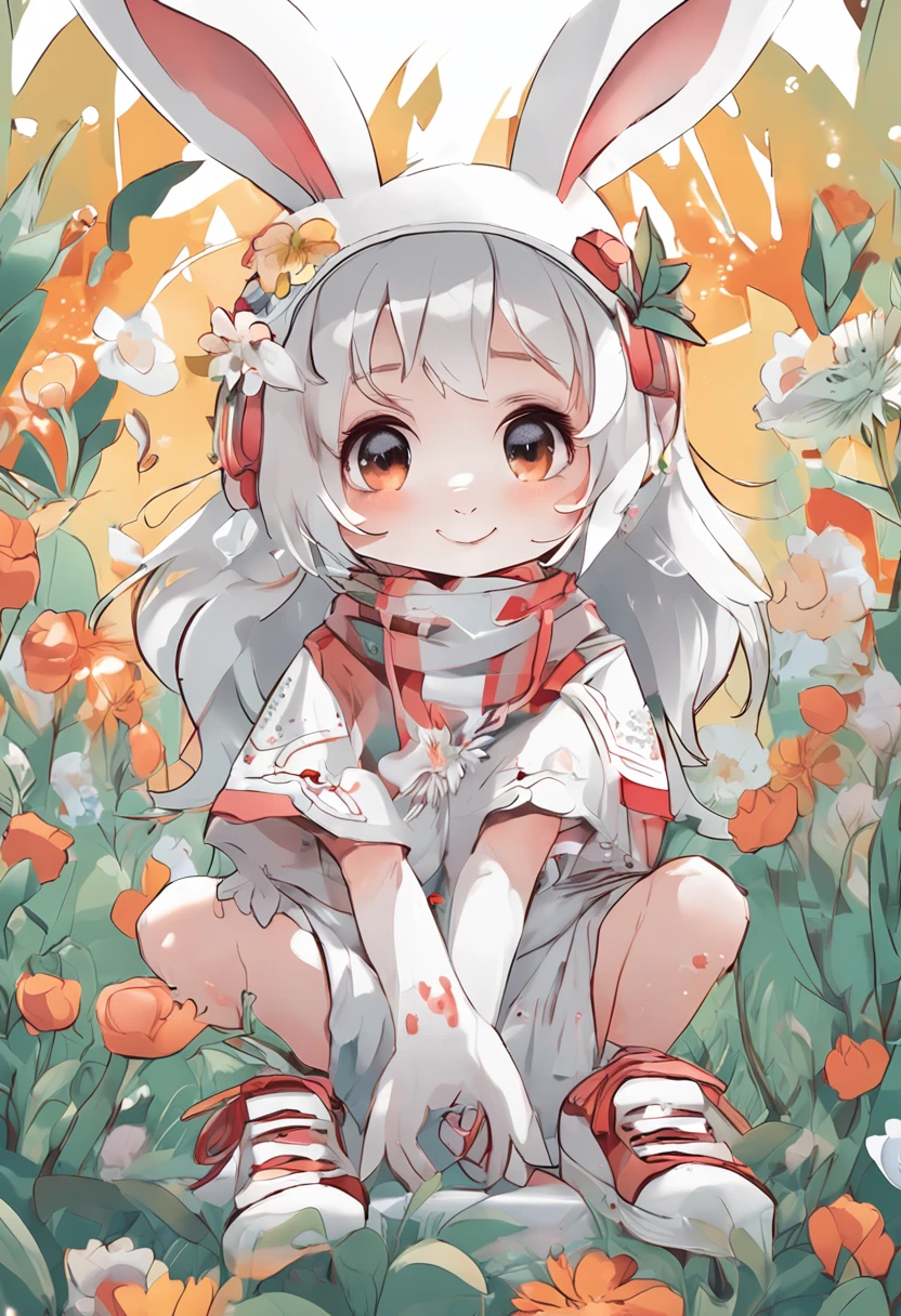 White Gradient Background, (Panorama: 1.2, Full Body: 1.2), 1 girl, Anatomically correct, Rabbit shaped headwear, short hair, smile, Rabbit patterned clothes, white shoes, perfect proportions, extremely detailed face