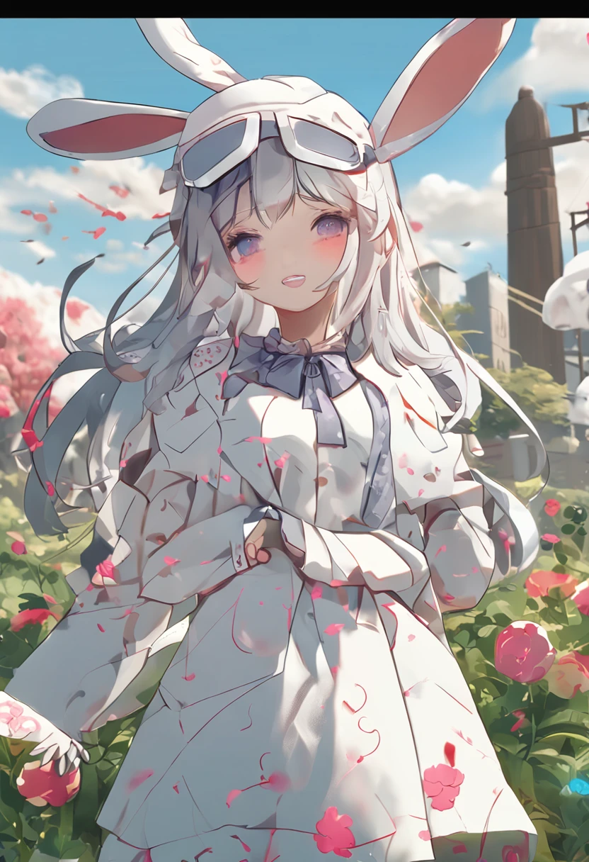 White Gradient Background, (Panorama: 1.2, Full Body: 1.2), 1 girl, Anatomically correct, Rabbit shaped headwear, short hair, smile, Rabbit patterned clothes, white shoes, perfect proportions, extremely detailed face