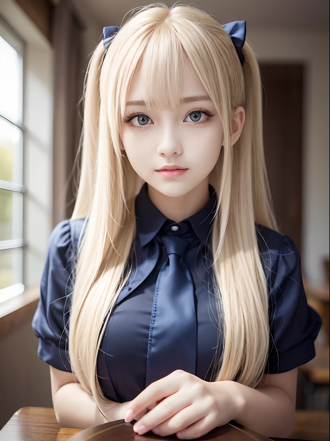 portlate、School Uniforms、bright expression、poneyTail、Young shiny shiny white shiny skin、Best Looks、Blonde reflected light、Platinum blonde hair with dazzling highlights、shiny light hair,、Super long silky straight hair、Beautiful bangs that shine、Glowing crystal clear attractive big blue eyes、Very beautiful nice cute 16 year old girl、Lush bust