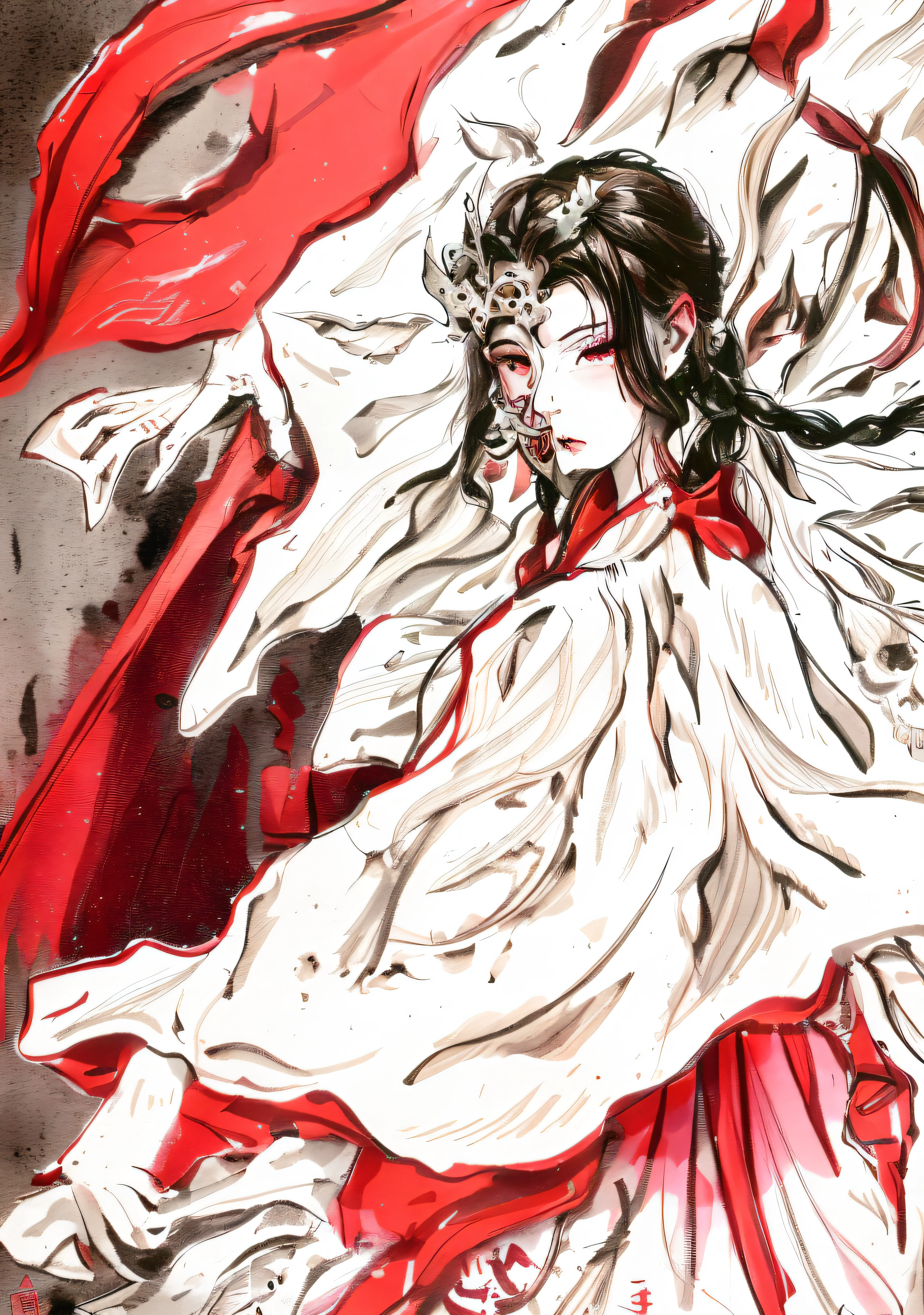 A woman holding a sword,Half-faced skeleton, half-faced, half-faced, half-faced,in red robes,There are many eyes on the robe,Japanese ukiyo-e style,high detal,8k。