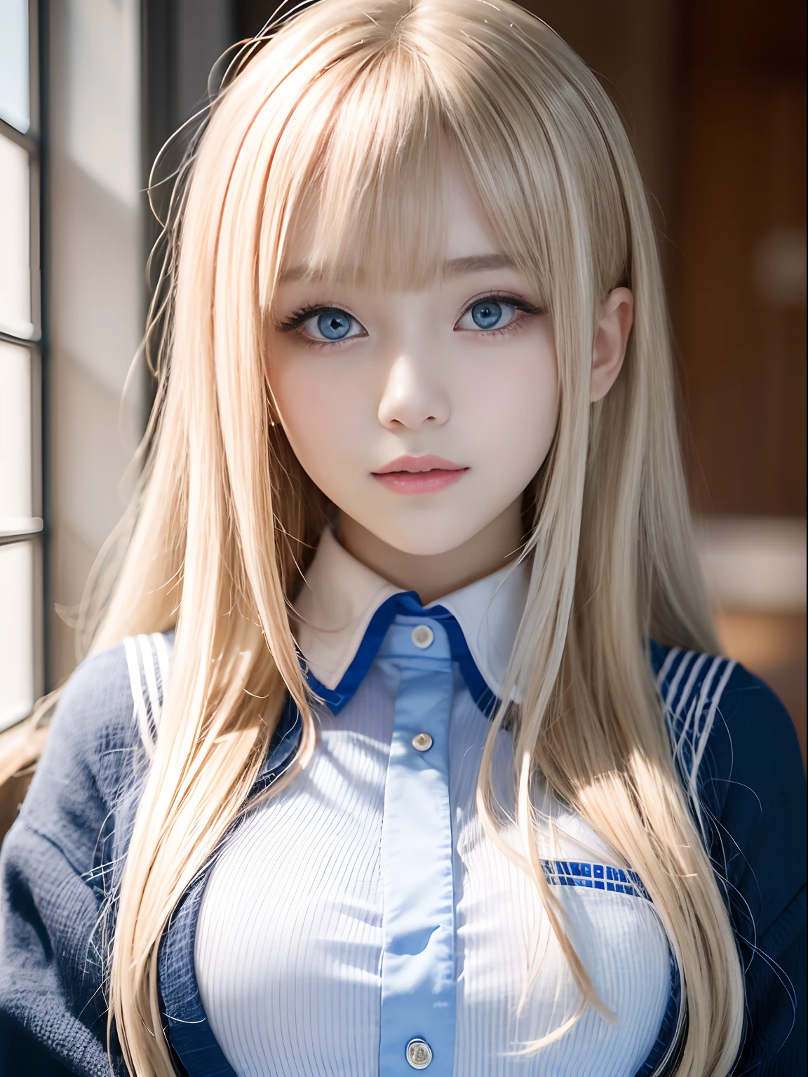 portlate、School Uniforms、bright expression、Young shiny shiny white shiny skin、Best Looks、Blonde reflected light、Platinum blonde hair with dazzling highlights、shiny light hair,、Super long silky straight hair、Beautiful bangs that shine、Glowing crystal clear attractive big blue eyes、Very beautiful nice cute 16 year old girl、Lush bust、