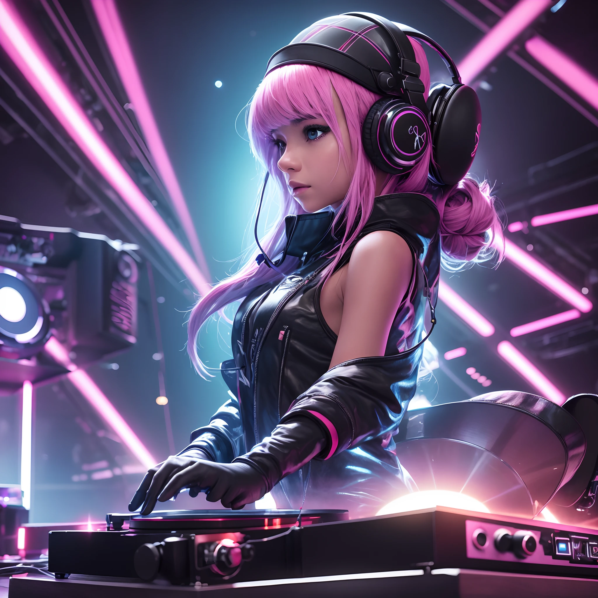 A young female DJ wears a vinyl record player on a sci-fi DJ table。,The upper part of the body, Look at the crowd,Cybernetics enhances the highly detailed futurists on the stage table,She wears futuristic clothing and double-sided hearing headphones,Very hi,She wears a Rosotto hat on her head,dynamic viewing angle,