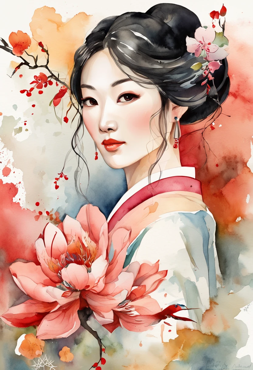 (China - Chic Chinese girl, anatomically correct,Oriental elements),(China - chic illustration:1.5, Vector painting:1.5),(Chinese colors, senior color matching,Gradient background,White background),(reasonable design, Clear lines,movie lighting effects)