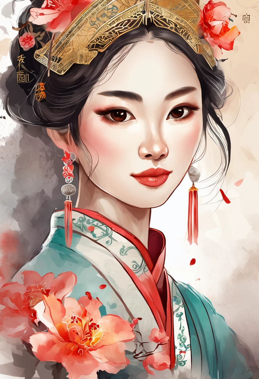 (China - Chic Chinese girl, anatomically correct，Oriental elements),（China - chic illustration:1.5, Vector painting:1.5),(Chinese colors, senior color matching,Gradient background,White background),(reasonable design, Clear lines,movie lighting effects)