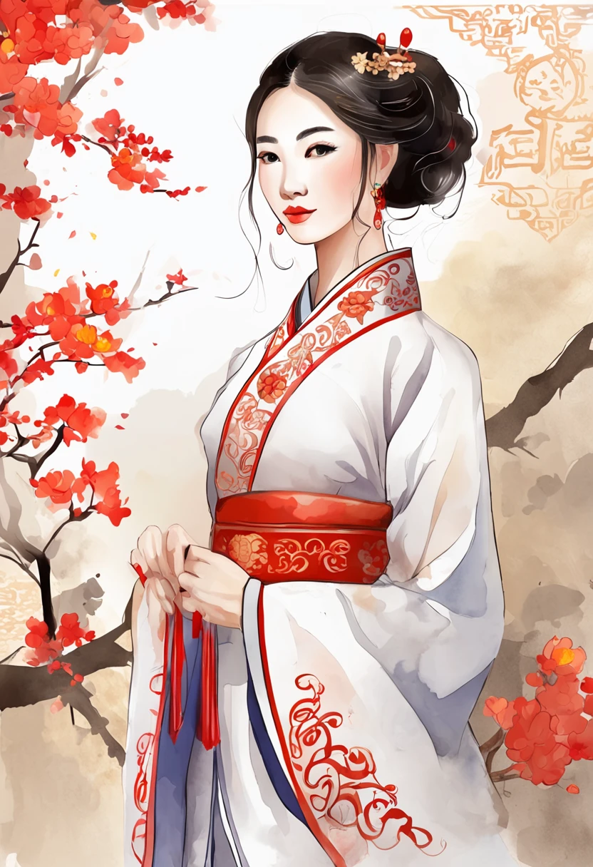(China - Chic Chinese girl, anatomically correct,Oriental elements),(China - chic illustration:1.5, Vector painting:1.5),(Chinese colors, senior color matching,Gradient background,White background),(reasonable design, Clear lines,movie lighting effects)