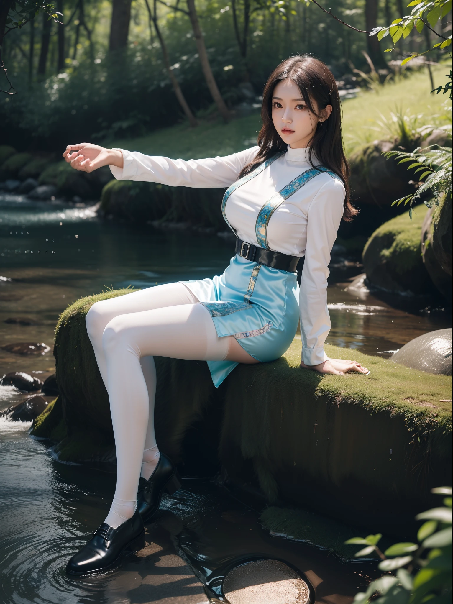 (full body:2),(1girl:1.3),(view the viewer:1.4),(anatomy correct:1.45),(Sitting by the creek,:1.35),(Polished metal pantyhose:2),(A mature and sensual woman Wear printed fantasy nun suit JK student uniform pleated skirt and polished JK uniform leather shoes :1.35),(A woman with large buttocks, breasts, and a slender waist:1.4), (Light particle effect:1.3),(In pink | amarelo | blue colors| green color |red color | white colors| black in color| purplish color| greys| Beige| Flesh color 1.4),(Glowing eyes:1.3),(Large amplitude action: 1.3),(Accurate and perfect face:1.4),hyper HD, Ray traching, reflective light,structurally correct, Award-Awarded, high detail, lighten shade contrast, Face lighting ,cinmatic lighting, masterpiece, super detailing, high quality, high detail, best quality, 16k,High contrast,