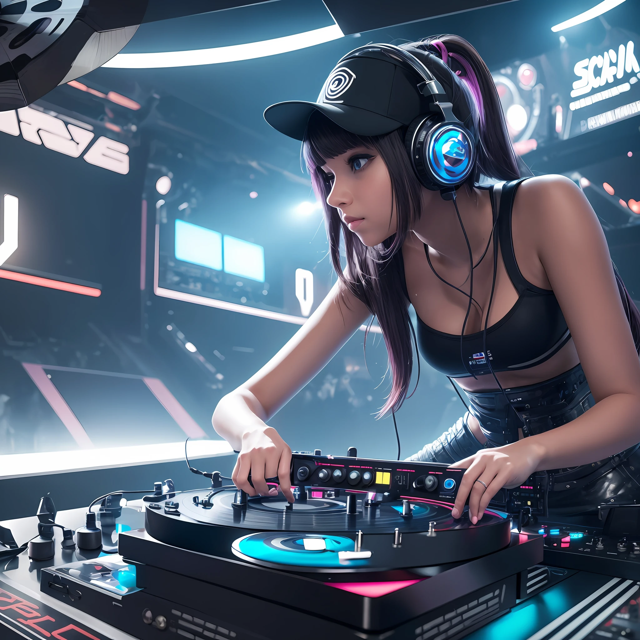 A young female DJ wears a vinyl record player on a sci-fi DJ table。，The upper part of the body, Look at the crowd，Cybernetics enhances the highly detailed futurists on the stage table，She wears futuristic clothing and double-sided hearing headphones，Very hi，She wears a Rosotto hat on her head