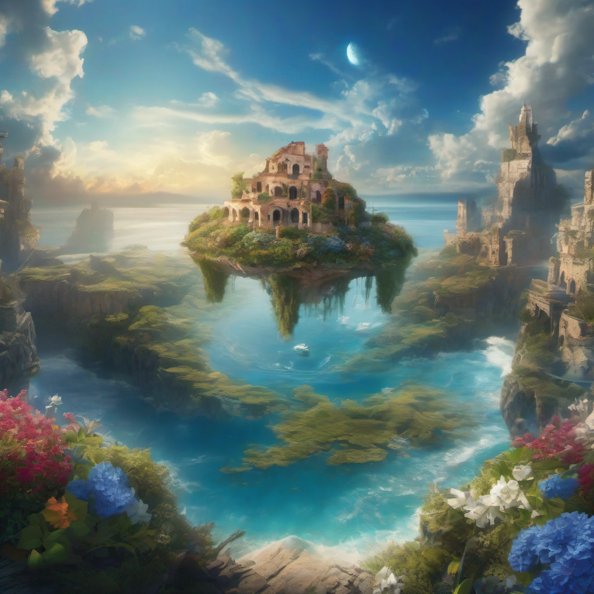 ccurate, best quality, masterpiece, UHD, high details, award winning, (Amazing:1.1), (Surrealism), Conceptual art, Verism, cinematic lighting, panorama, A floating island in the sky, ruins street, shallow sea, Horizon, ((beautiful Blue sea)), blue sky, paradise scenery, flowers, wind flow, (((fantasy))), frontier, (magnificent space),