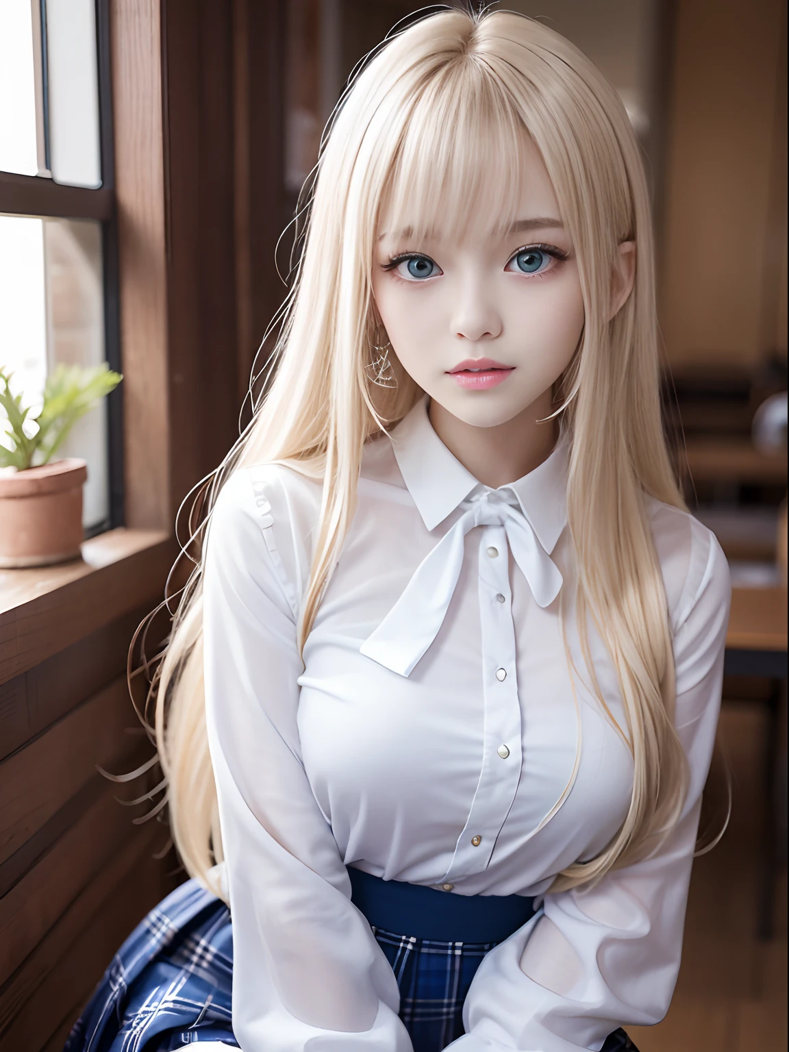 Light smile、Raw photography、(((Portrait of extreme beauty)))、((glistning skin))、女の子1人、16 year old beautiful girl in Prague、bright expression、((platinum-blonde-hair))、[Big blue eyes that shine like jewels]、Glossy glossy skin、Silky long straight hair、eye liner、Beautiful bangs、Hair between the eyes、(Long sleeve cutter shirt:1.4)、((​masterpiece、top-quality、ultra-detailliert、Film Light、intricate-detail、hight resolution、ighly detailed))、细致背景、8KUHD、Digital SLR、Soft light、hightquality、Film grain、FujifilmXT3 、Shallow depth of field、natural soft light、Kamimei、（small tits:1.4)