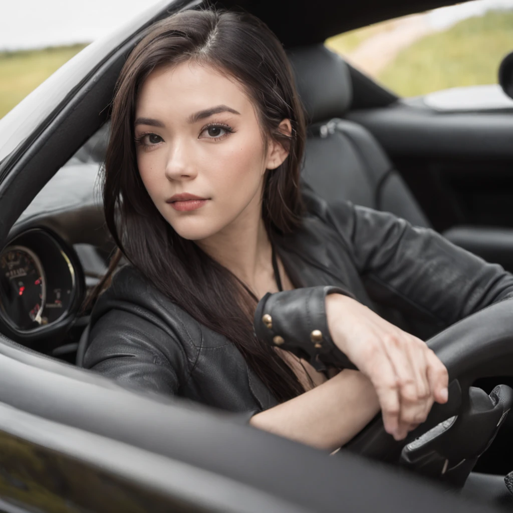 Beautiful girl with black hair up style is behind the wheel in the driver's seat of a sports car