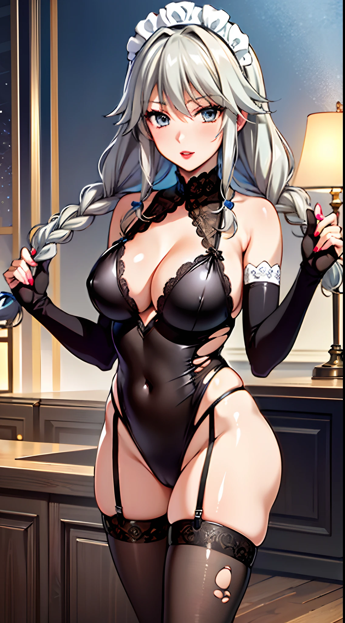 ((masterpiece)),((best quality)),ultra-detailed,illustratio,Grayfia Lucifuge,1girl, solo, red lips, lipstick, torn clothes, maid headdress, braid, twin braids, makeup, grey eyes, grey hair, thighhighs, large breasts, breasts, covered , swimsuit, torn thighhighs, long hair, garter straps, bikini, wrist cuffs,wallpaper,ultra highres,4K,(Beautiful, large breasts:1.2),(beautiful face:1.2),(narrow waist),shiny skin,official style,anime screencap,(full body:1.2),anime coloring,mature female, (upper body, half body shot), intricate detail, beautiful detail eyes, beautiful detail face, beautiful detailed. sharp focus, trending on pixiv,