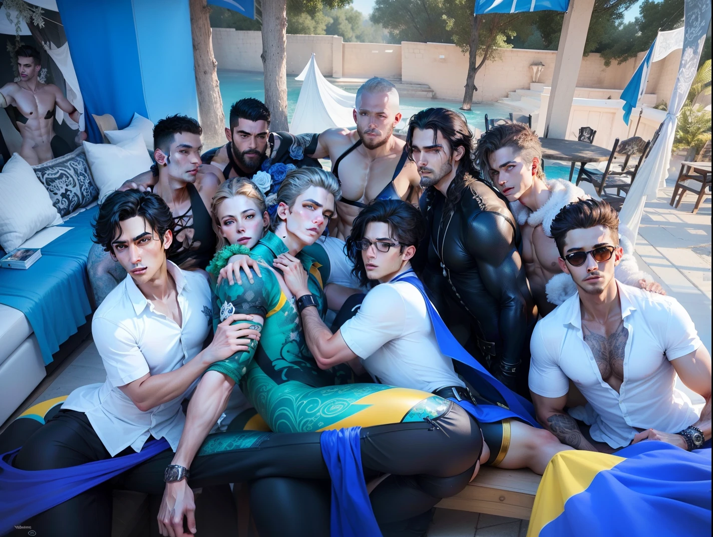 (masterpiece), "black and White drawing of an group of gay with a swimsuit holding a ukraine flag, detailed matte fantasy portrait, realistic fantasy illustration, beautiful gay, sexy portrait of an gay wuth beautiful face and sexy body, fantasy drawing, White background"