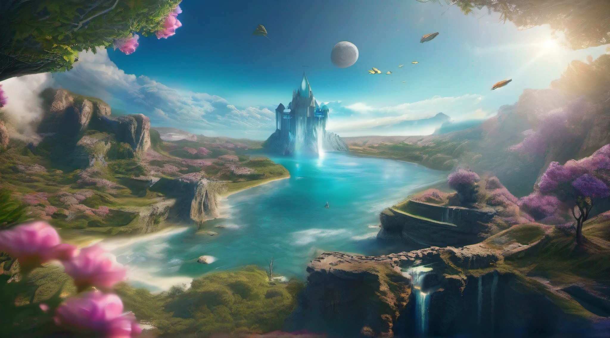 ccurate, best quality, masterpiece, UHD, high details, award winning, (Amazing:1.1), (Surrealism), Conceptual art, Verism, cinematic lighting, panorama, A floating island in the sky, ruins, shallow sea, Horizon, ((beautiful Blue sea)), blue sky, paradise scenery, flowers, wind flow, (((fantasy))), frontier, (magnificent space), blurry foreground, bokeh, Hasselblad, lens flare