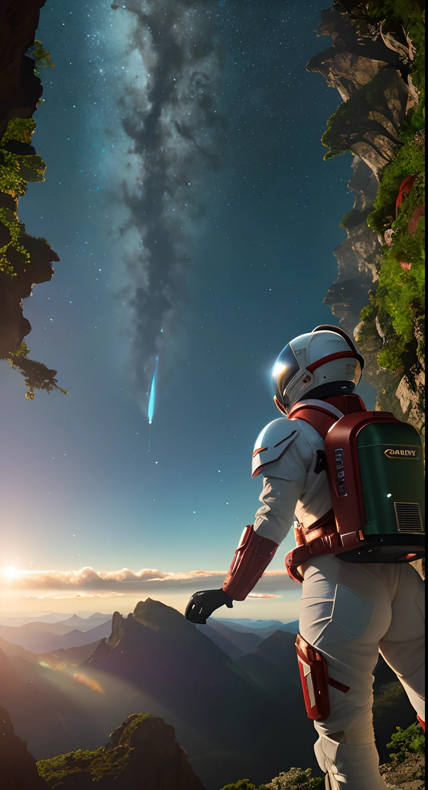 (35mmstyle:1.2), Highly detailed RAW color Photo, Rear Angle, Full Body, of (female space marine, wearing white and red space suit, futuristic helmet, tined face shield, rebreather, accentuated booty), outdoors, (standing on Precipice of tall rocky mountain, looking out at magical lush green rain forest on alien planet), vivid detail, (exotic alien planet), toned body, big butt, (sci-fi), (mountains:1.1), (lush green vegetation), (two moons in sky:0.8), (highly detailed, hyperdetailed, intricate), (lens flare:0.7), (bloom:0.7), particle effects, raytracing, cinematic lighting, shallow depth of field, photographed on a Sony a9 II, 35mm wide angle lens, sharp focus, cinematic film still from Gravity 2013, viewed from behind, dynamic angle