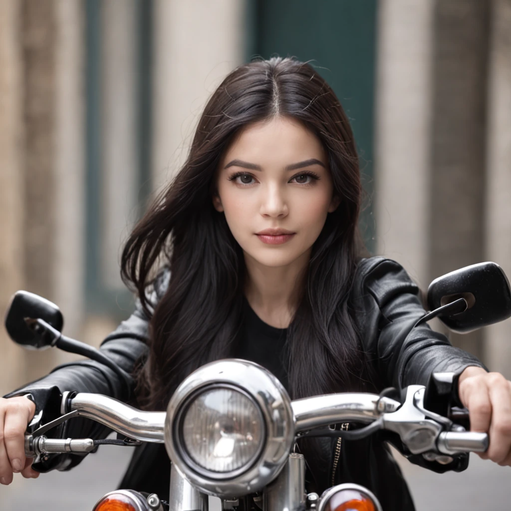 Beautiful girl with long black hair rides motorcycle without helmet