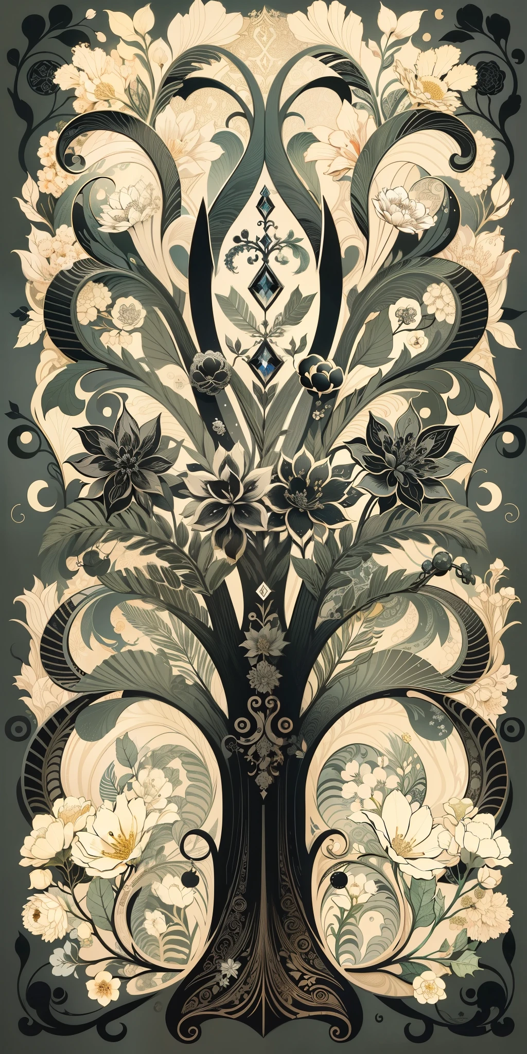 Nordic tree-shaped solitaire，Flower frame，Flat style， abstract artistic，Graphic design，对称, Math, Renaissance, Oil painting, 2D canvas, highly  detailed, 复杂, Classic paint, The theme color is dark，Black monochrome, crystals, opulent, lap, gothic ornament, Graphic design