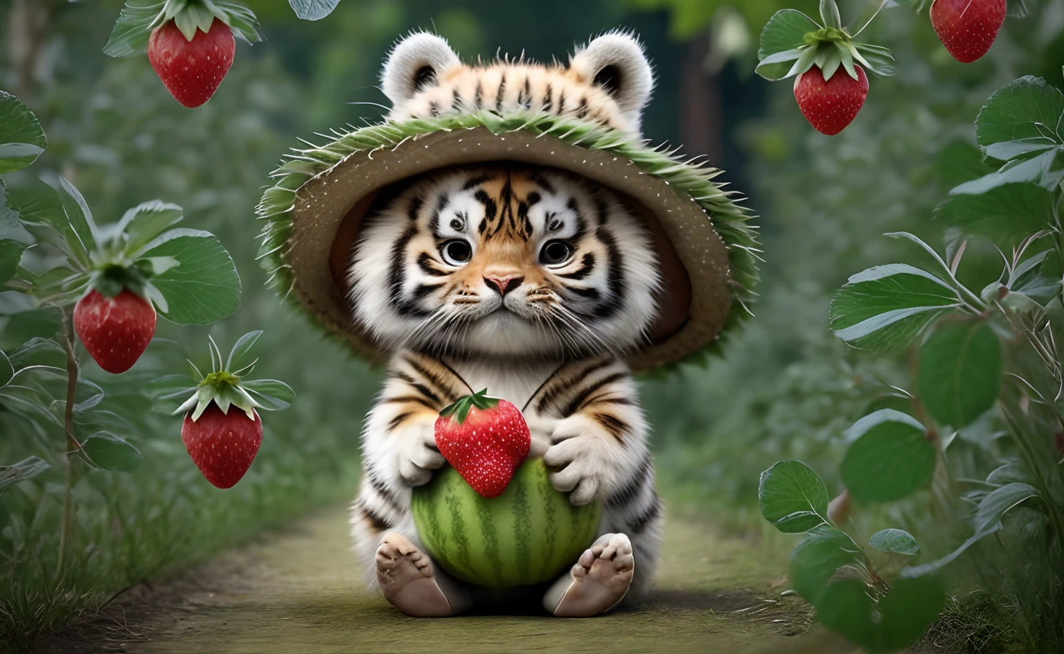 : 3。tiger、Real kei、hairy、Animals in clothes、strawberries、apple、dark circles、watermelons、Thigh、food、fruit、full body Esbian、Hats、non-human、watermelons、Fruit forest on background、From hat to ear