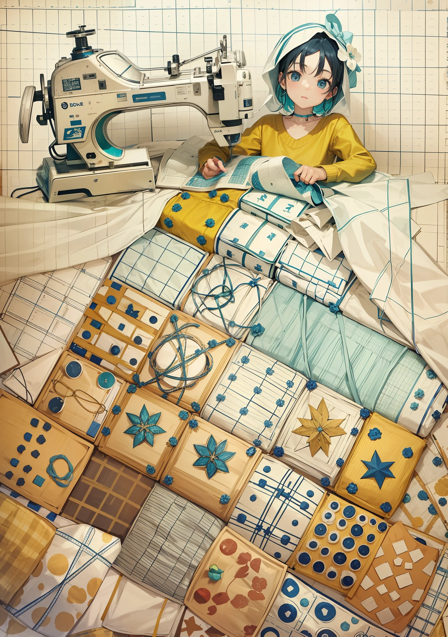 Girl in yellow sweater,Ball head,Sit in front of the sewing machine,White sewing machine,Beautiful fabrics are being made,Each grid on the sheets has a different pattern,Colorful sheets,The sheets fell from the console to the floor,tmasterpiece,depth of fields,k hd,Detailed details,8k,Colorful sheets,red colour,amarelo,blue colors,green color,white colors,black in color