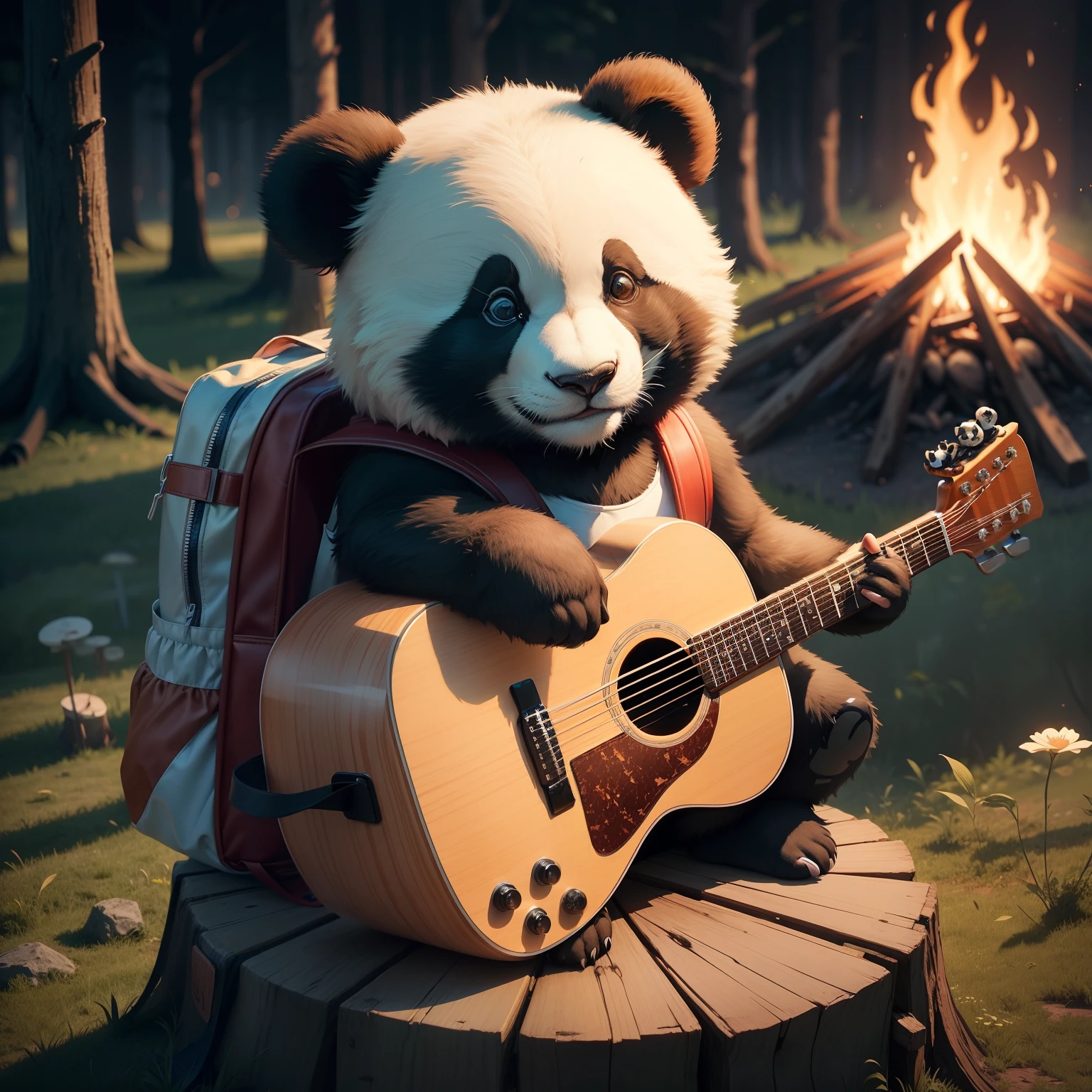 The main character is a panda 、Carrying a backpack as big as your height、Sitting on a stump。Time is night、Playing guitar by a bonfire
