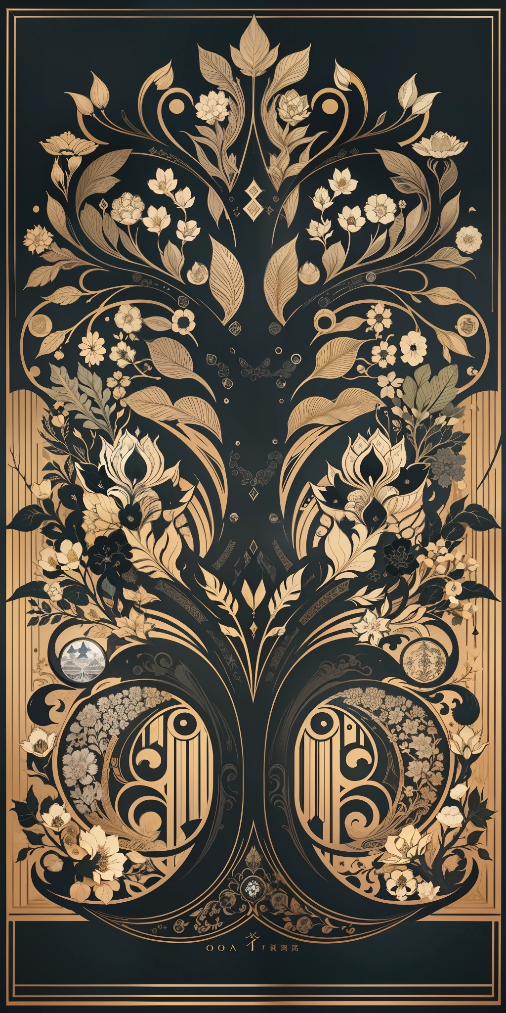 Nordic tree-shaped solitaire，Flower frame，Flat style， abstract artistic，Graphic design，对称, Math, Renaissance, Oil painting, 2D canvas, highly  detailed, 复杂, Classic paint, The theme color is dark，Black monochrome, crystals, opulent, lap, gothic ornament, Graphic design