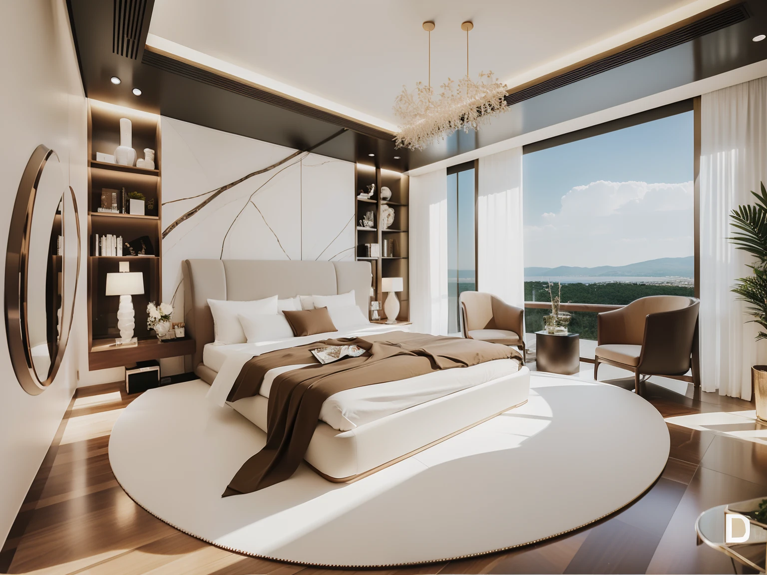 (spectacular landscape:1.1), best quality, super detail,(best quality:1.2, super detail:1.1, inspirational landscape:1.1), best quality, prime detail, super detailed, ((modern bedroom :1.2)) ,with white curtains, brown wooden floor, wall by size bed ( glass, solid breck 0,75)