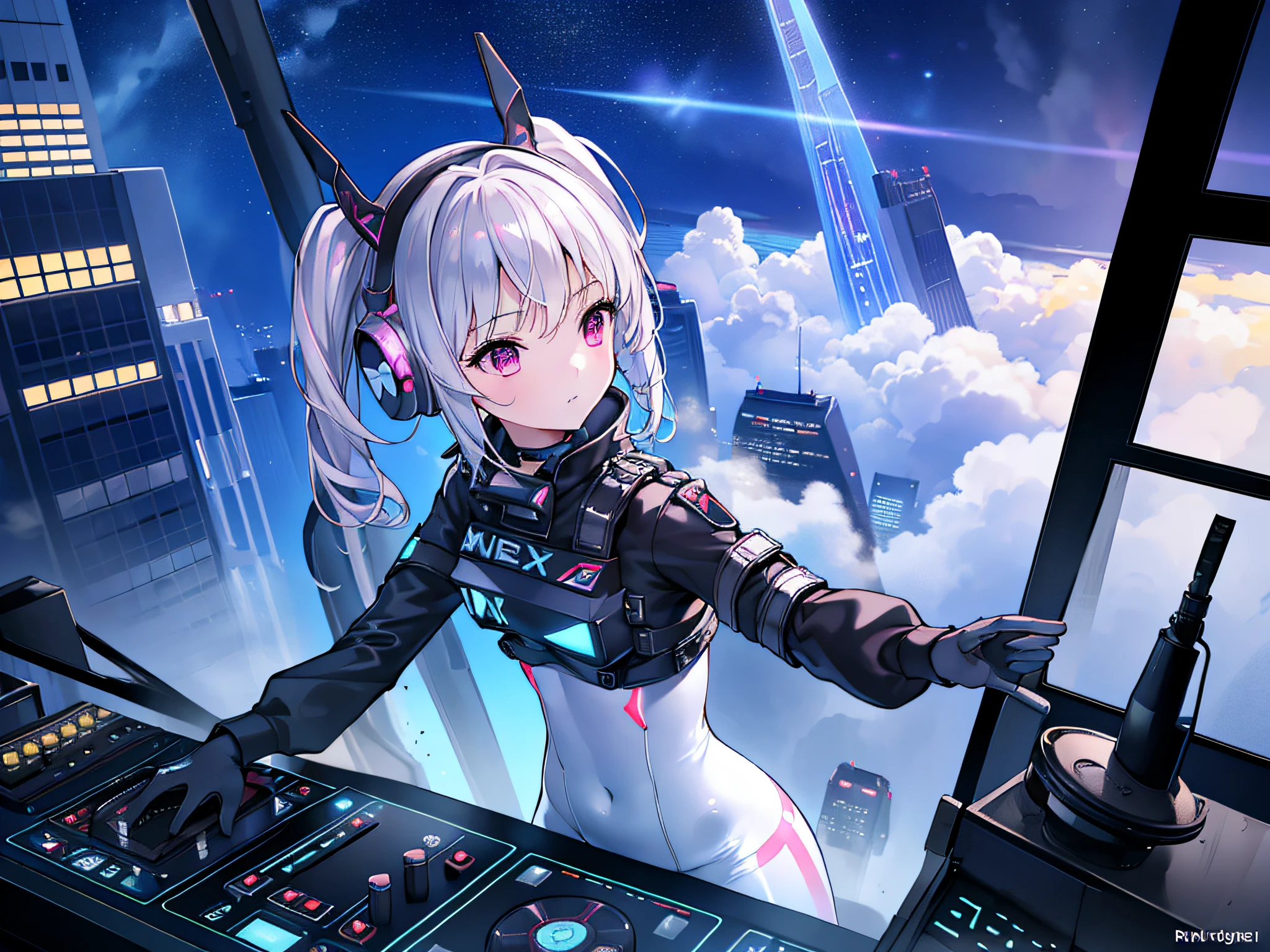 (Best quality), (masterpiece), (photorealistic), (realistic), ultra-detailed, unity 8k wallpaper, extremely detailed CG, ray tracking, sharp shadows, wonderful details, depth of field, Ultra detailed background, A female DJ is playing music on the roof of a skyscraper DJ Booth in a futuristic city, wearing a latex costume and seeing herself projected on a floating holographic screen. Drones and helicopters fly around her, and her music echoes throughout the city. latex, plug suit, (Overhead view),:1.4,