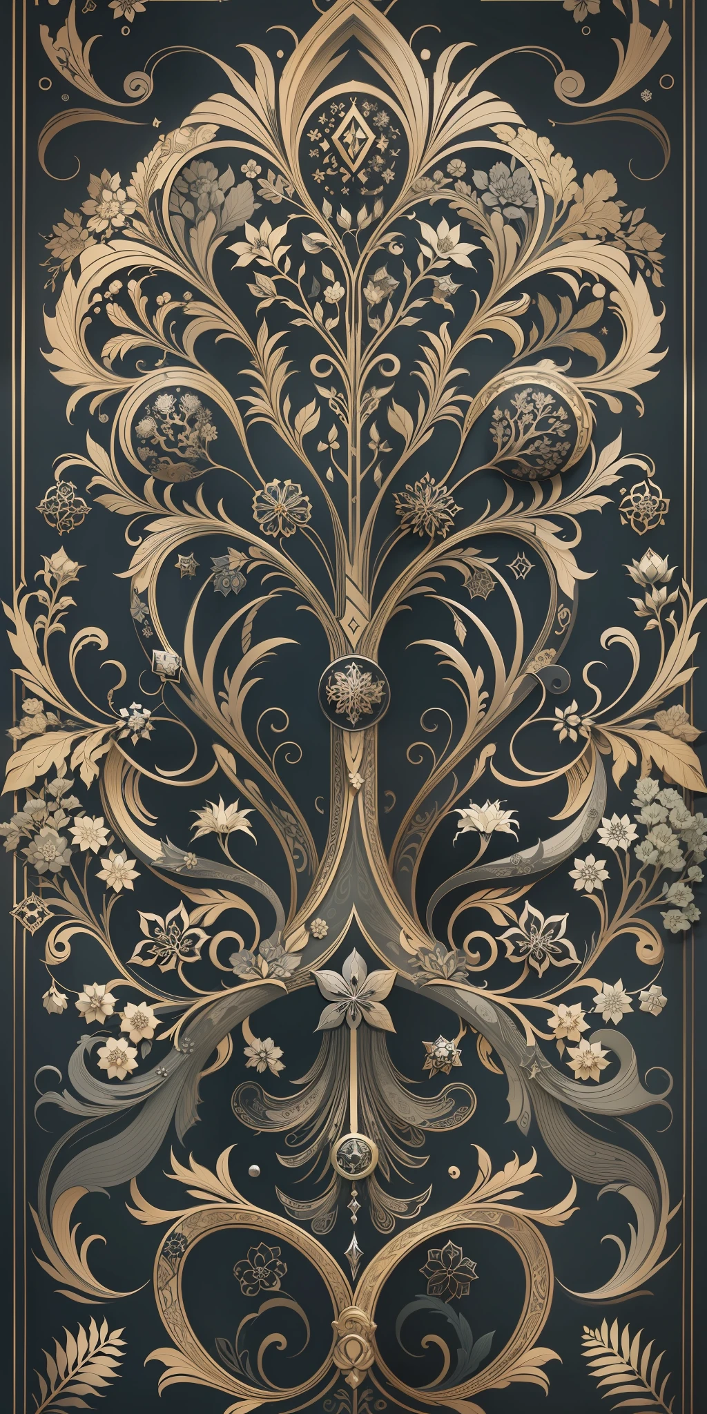 Nordic tree-shaped solitaire,Flower frame,Flat style, abstract artistic,Graphic design,对称, Math, Renaissance, Oil painting, 2D canvas, highly detailed, 复杂, Classic paint, The theme color is dark,Black monochrome, crystals, opulent, lap, gothic ornament, Graphic design