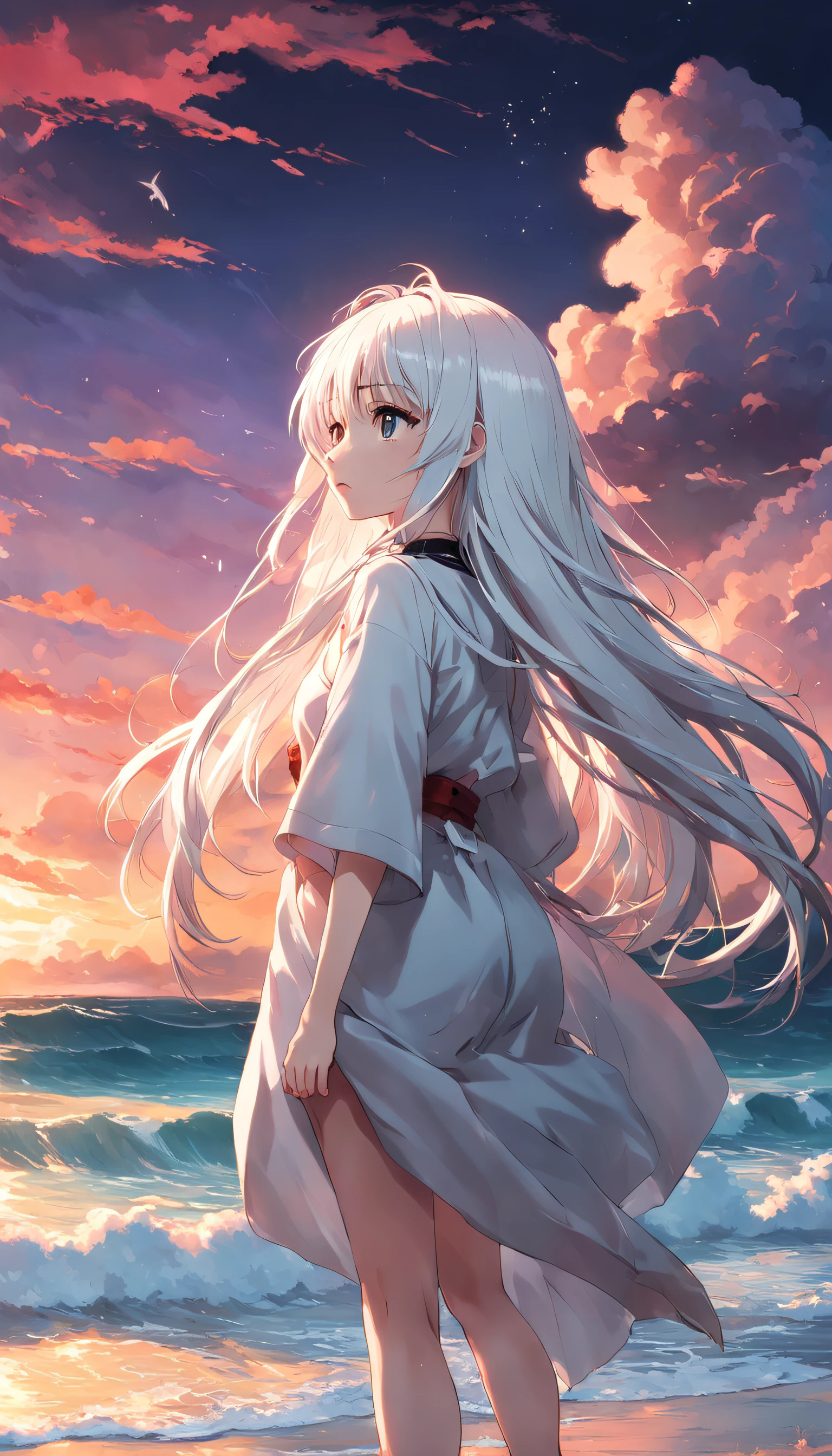 beach,look up,long white hair,dark