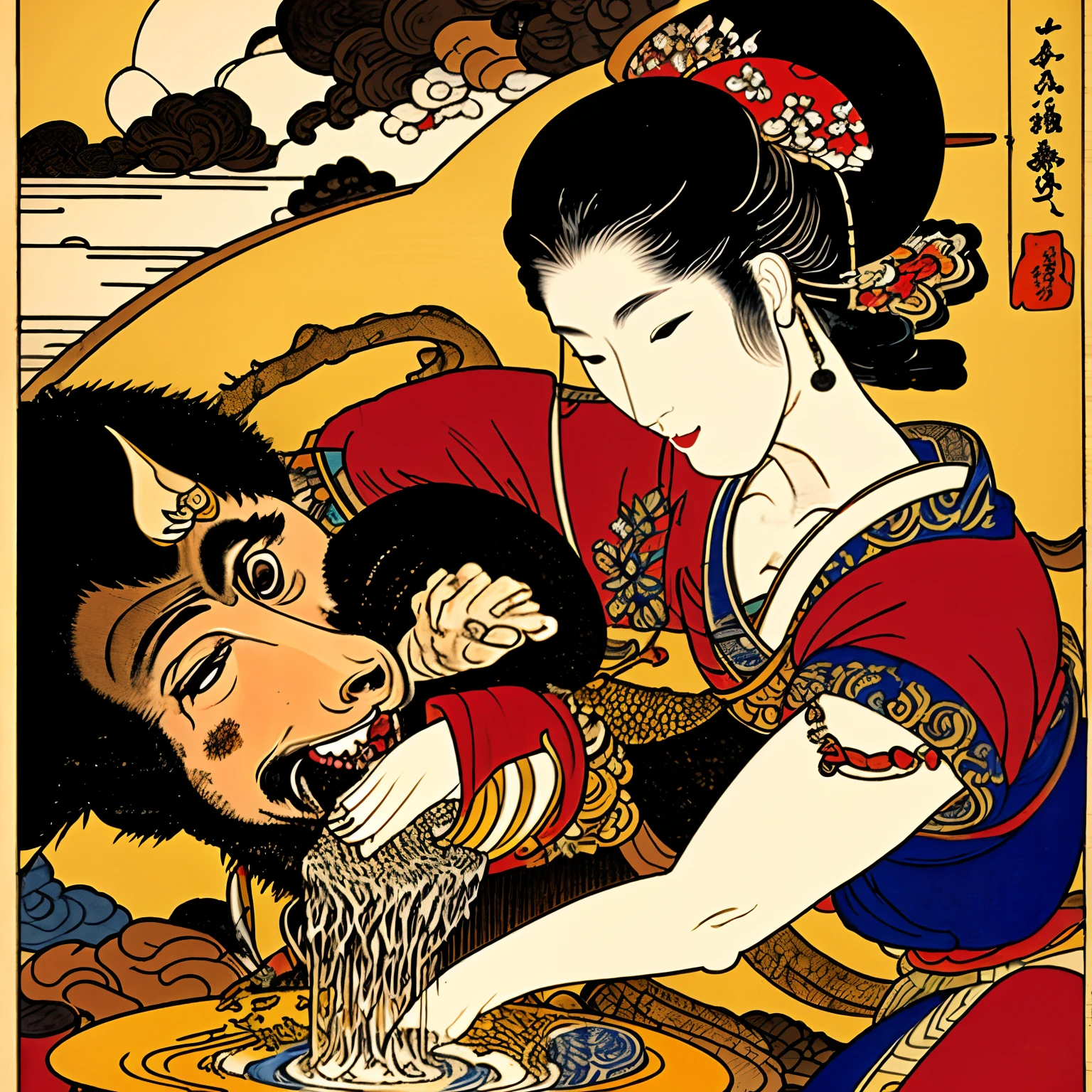 Oiran pouring sake into the mouth of the boar --auto