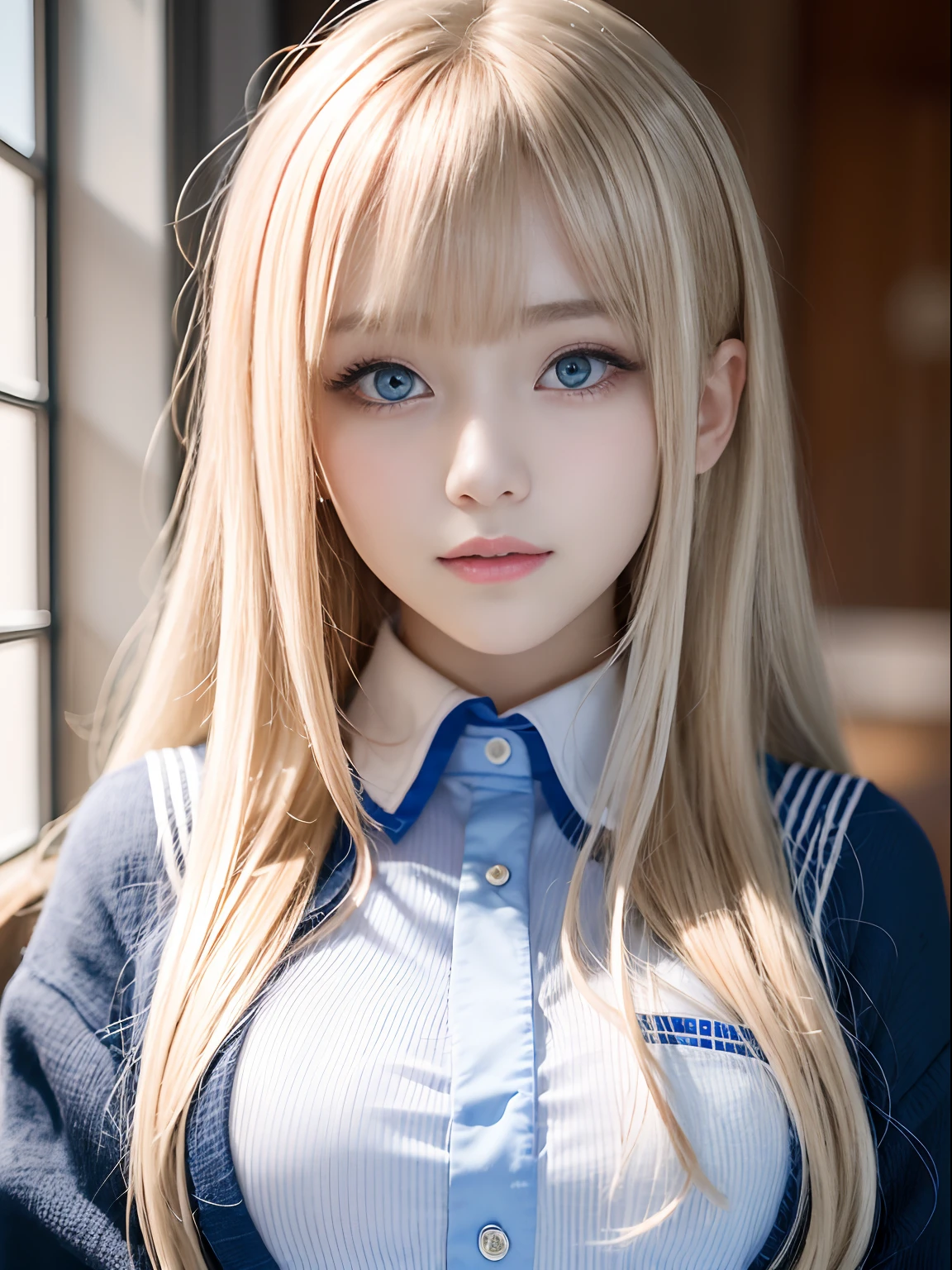 portlate、School Uniforms、bright expression、Young shiny shiny white shiny skin、Best Looks、Blonde reflected light、Platinum blonde hair with dazzling highlights、shiny light hair,、Super long silky straight hair、Beautiful bangs that shine、Glowing crystal clear attractive big blue eyes、Very beautiful nice cute 16 year old girl、Lush bust、