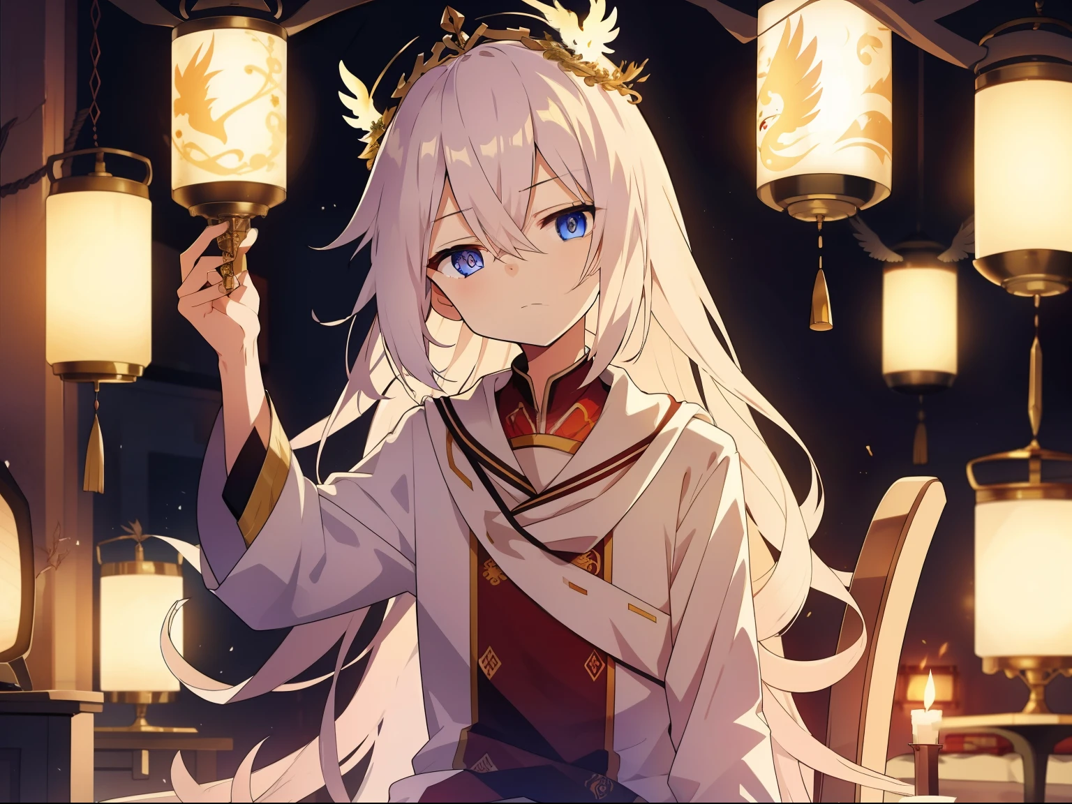 Long white hair shawl，A beautiful face，But the expression is sad，Wearing a gorgeous phoenix crown。Crooked in his chair and rolled his eyes。The scene can be her dormitory，There was a candlelit atmosphere。