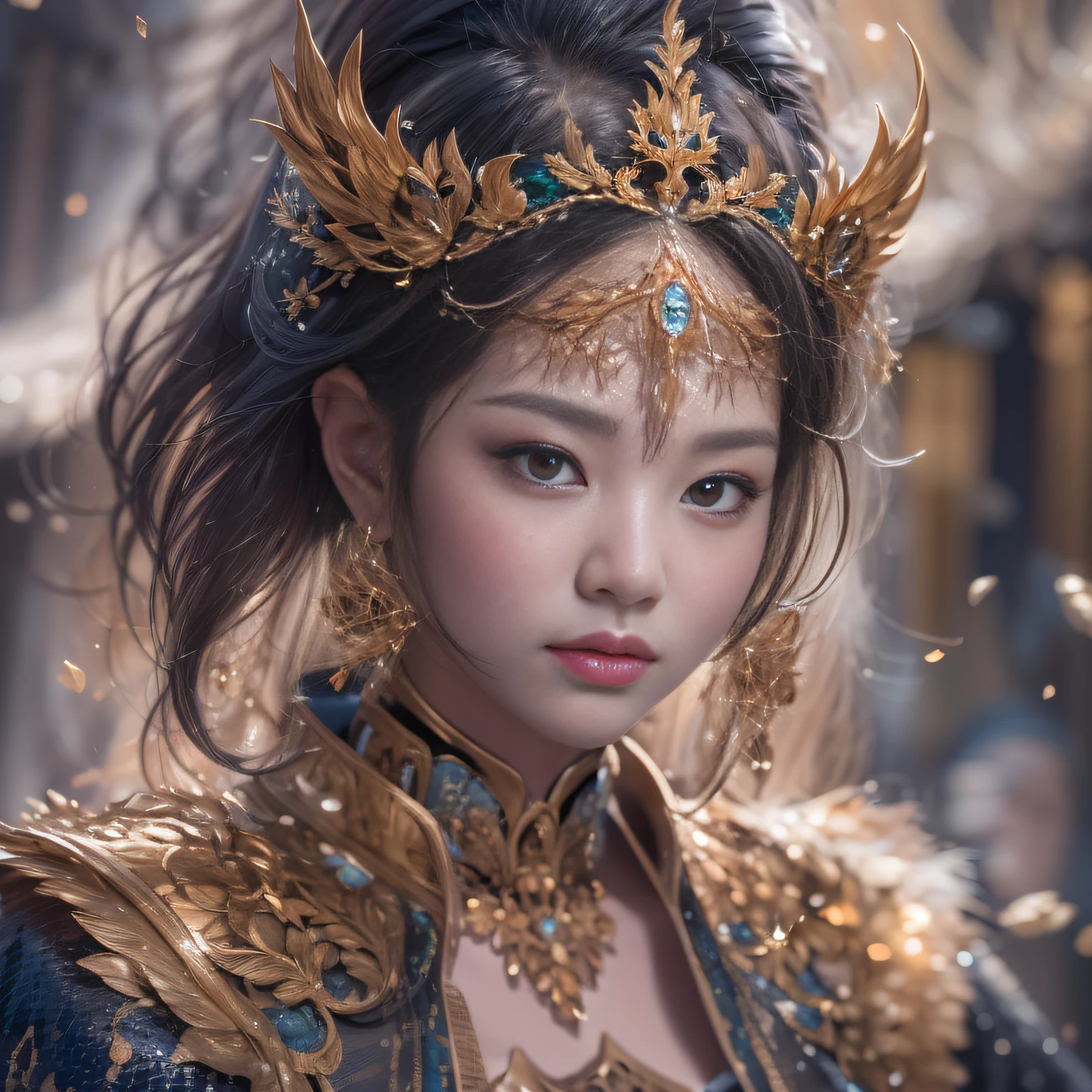 32K（tmasterpiece，k hd，hyper HD，32K）short detailed hair，Gold jewelry area in the back room，Flame Girl ，Yao Lang protector （realisticlying：1.4），Python pattern robe，Purple-pink tiara，Snowflakes fluttering，The background is pure，Hold your head high，Be proud，The nostrils look at people， A high resolution， the detail， RAW photogr， Sharp Re， Nikon D850 Film Stock Photo by Jefferies Lee 4 Kodak Portra 400 Camera F1.6 shots, Rich colors, ultra-realistic vivid textures, Dramatic lighting, Unreal Engine Art Station Trend, cinestir 800，Hold your head high，Be proud，The nostrils look at people