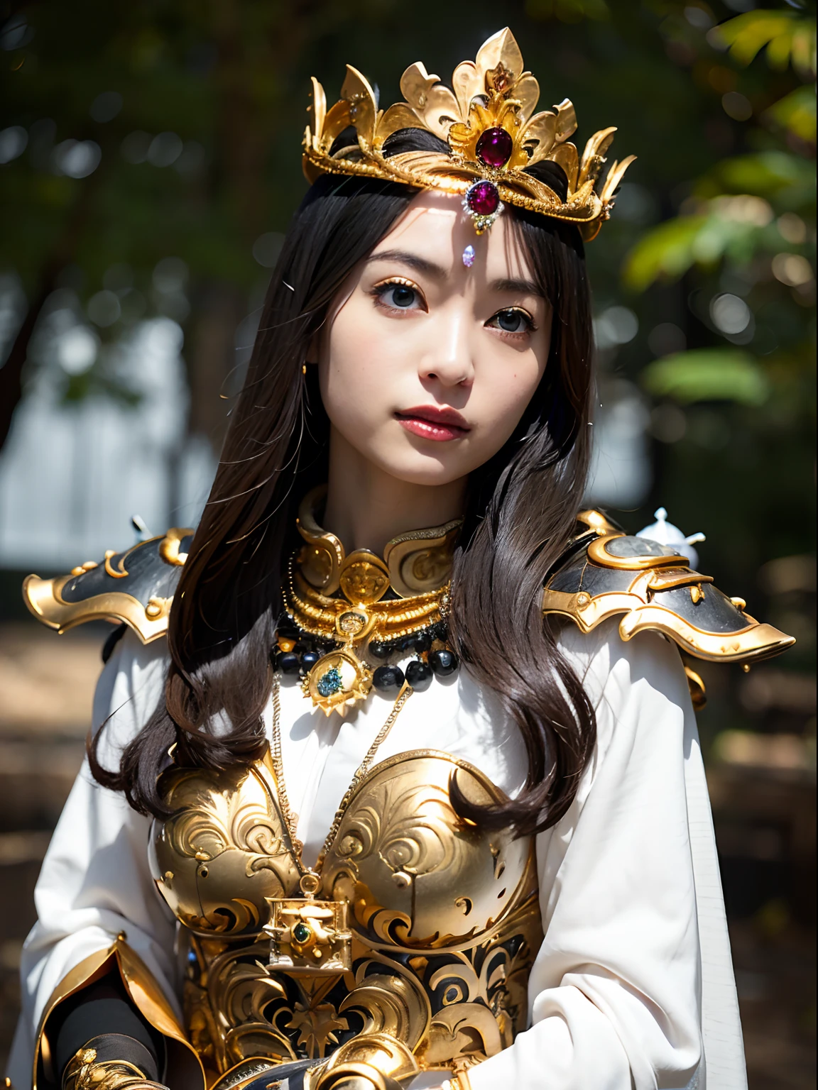(masutepiece), Professional , ​masterpiece、top-quality、photos realistic , depth of fields （Gemstone Silver Metal Body:1.９),(Matte White、Jewel Gold Weapon（Jewel Metal Body:1.４),Gorgeous metal weapons ,（Swarm of goblins）、 Detailed Sword of the Brave , Beautiful knife   ,warhammer 40k , adepta sororitas,Detail and ornate jewel crown、Black hair、Gangle's forest background、Beautiful Caucasian beauty、１a person、dynamic ungle,(((Detailed and ornate diamond crown)))、Smaller head、A smile、Take a sexy pose、Thin and beautiful female hands、cyanide light particles、Mystical expression、