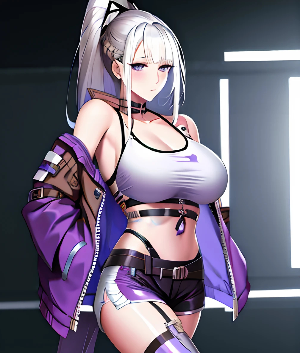 anime - style image of a woman in a short skirt and jacket, seductive anime girls, Badass anime 8 K, Biomechanical OPPAI, an oppai cyberpunk, style of anime4 K, Smooth anime CG art,Anime style. 8K, Perfect white haired girl, Best anime 4k konachan wallpaper, 白发苍苍Anime girl with white hair and purple eyes,Muscular,masterpiece, best quality, gyaru, short hair, white hair, high ponytail,swept bangs, purple eyes,large breasts,black tank_top, shorts,hair ribbon, hand_on_hip, underboob,leather shoes,standing，Crossed waist with one hand