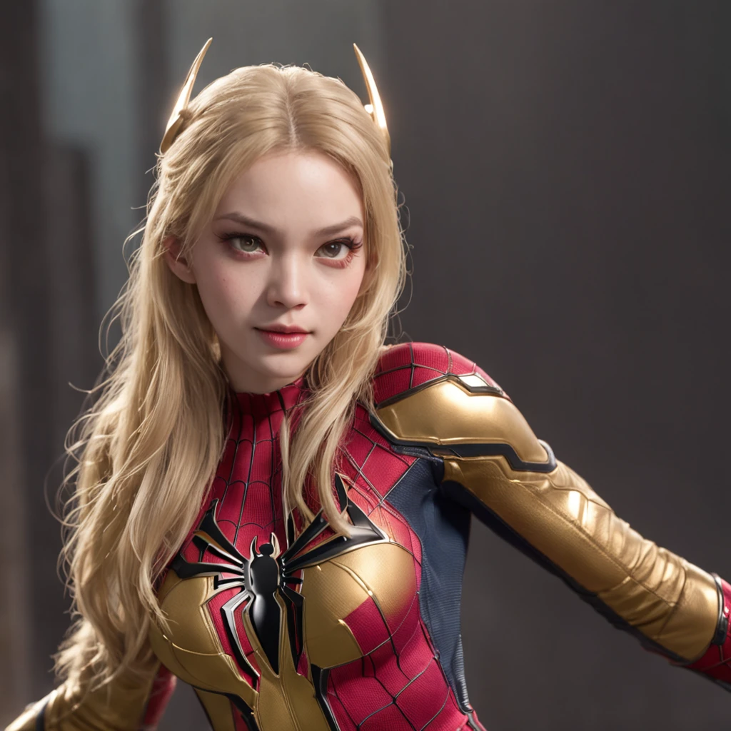 combat scene、spiderwoman、Twin Tail Drill、a blond、(Raw photography、top-quality)、(realisitic、Photorealsitic:1.2)、1girl in、20yr old、A smile、(High Detail Skin:1.4)、Puffy eyes、Gorgeous hair、hightquality、Full-body figure、combat scene、Golden Spider-Man、Clothes are silver and gold、Hairstyle is twin tail drill、Eye color is blue、Hair color is gold paper Spider suit、Very smooth hair,detailed hairs,Very fine hairs,Young shiny hair