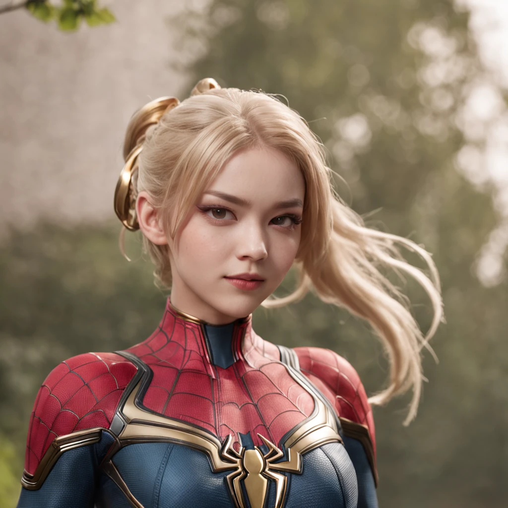 combat scene、spiderwoman、Twin Tail Drill、a blond、(Raw photography、top-quality)、(realisitic、Photorealsitic:1.2)、1girl in、20yr old、A smile、(High Detail Skin:1.4)、Puffy eyes、Gorgeous hair、hightquality、Full-body figure、combat scene、Golden Spider-Man、Clothes are silver and gold、Hairstyle is twin tail drill、Eye color is blue、Hair color is gold paper Spider suit、Very smooth hair,detailed hairs,Very fine hairs,Young shiny hair