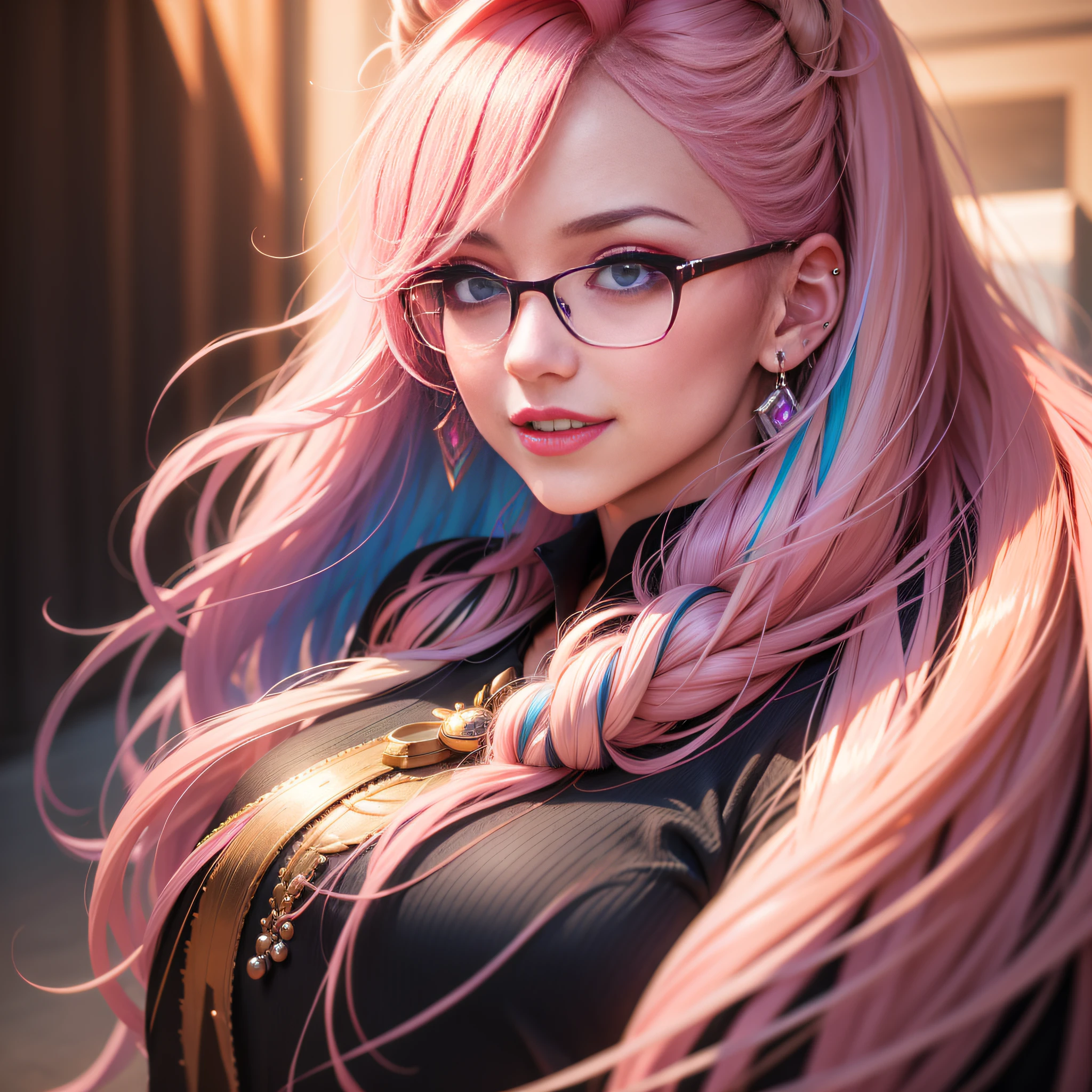 Best Quality, Masterpiece, Portrait, Perfect Anatomy, Femininity, Cool, Flawless, Solo, Sexy, Stylish, Mature, Long Light Pink Hair, Mole Above Lip, Red Lipstick, Big Breasts, With Light Blue Haired, the Girl is dressed as a sexy therapist, with glasses, cleavage and the backdrop is a therapists office with paddles and whips hanging on the wall