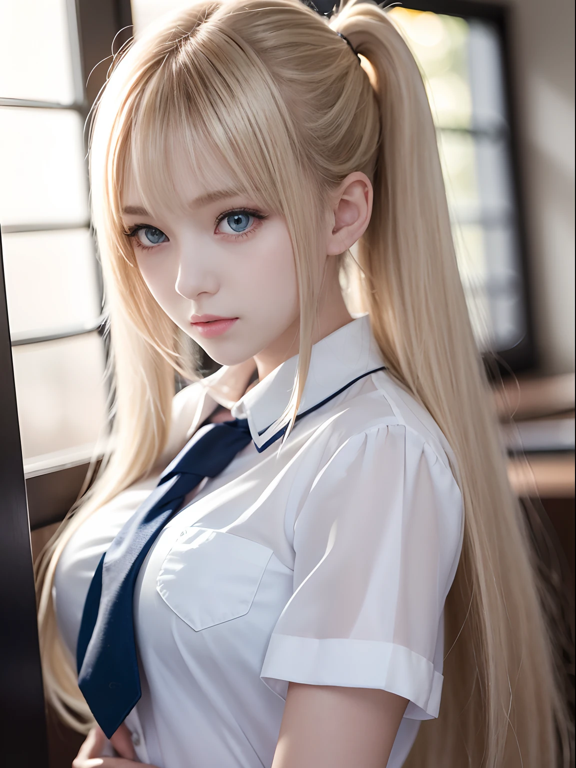 portlate、School Uniforms、bright expression、poneyTail、Young shiny shiny white shiny skin、Best Looks、Blonde reflected light、Platinum blonde hair with dazzling highlights、shiny light hair,、Super long silky straight hair、Beautiful bangs that shine、Glowing crystal clear attractive big blue eyes、Very beautiful nice cute girl、Lush bust